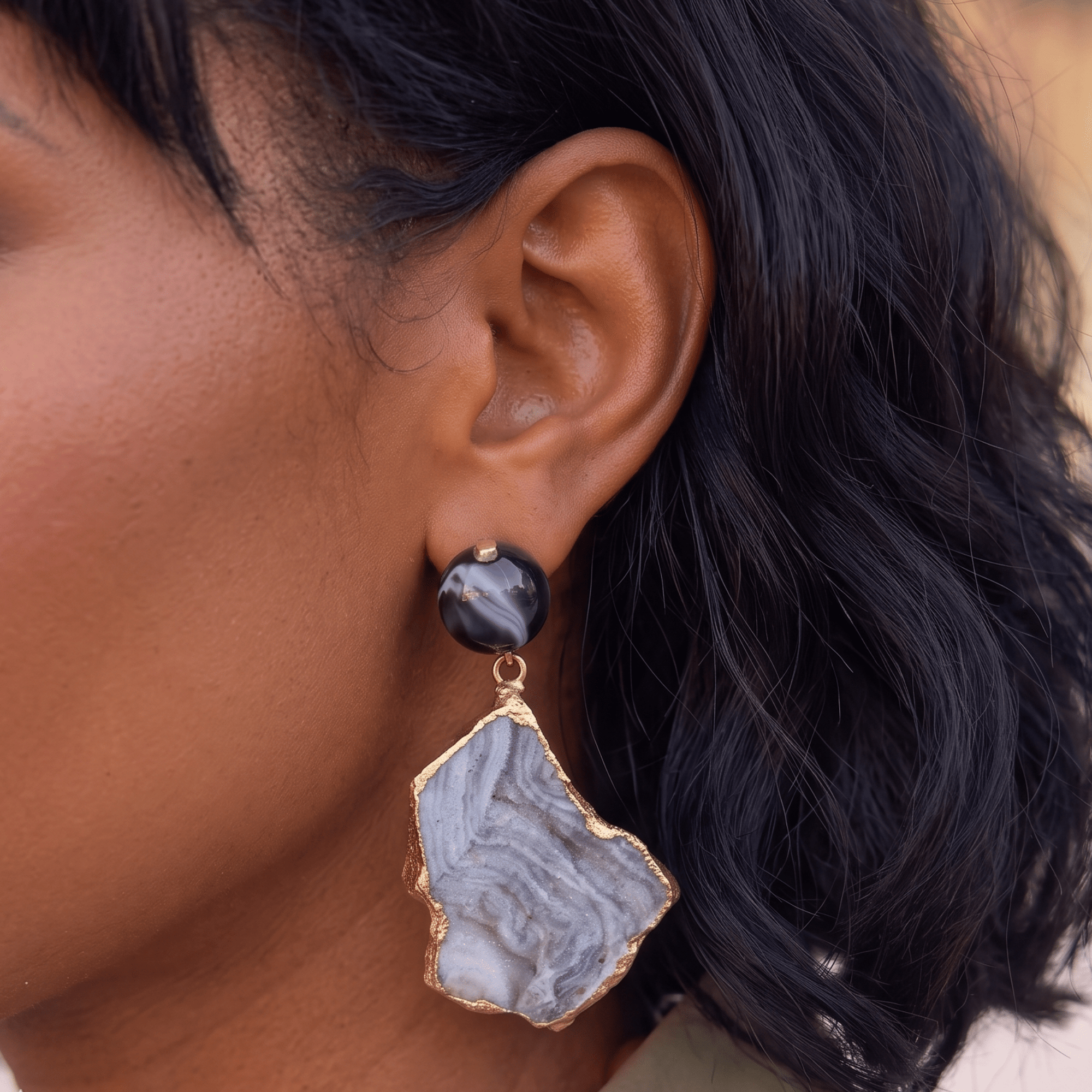 Chrysallis Agate Dangles - Black/Gold,Earrings, Sassy Jones,