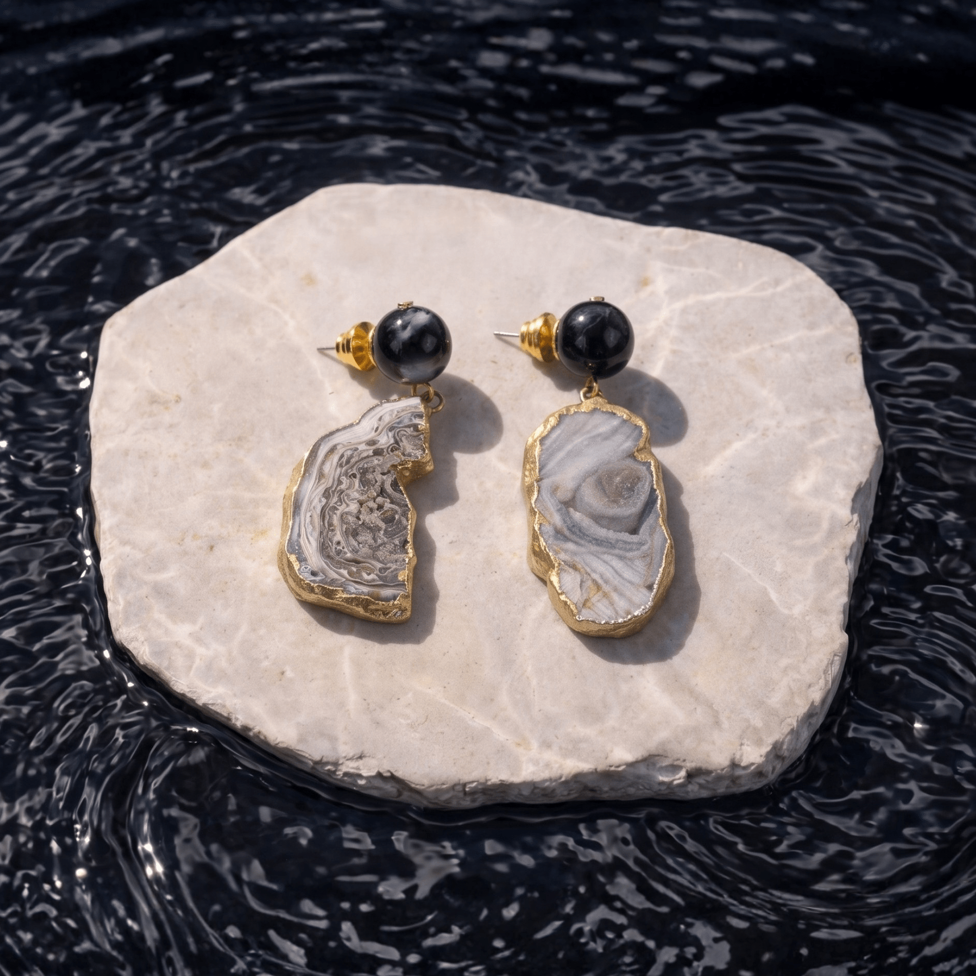 Chrysallis Agate Dangles - Black/Gold,Earrings, Sassy Jones,