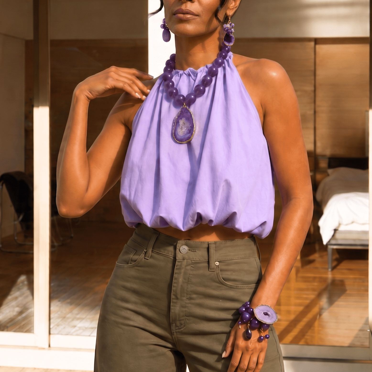 Chrysallis Grape Jelly natural purple agate statement necklace featuring oversized polished agate beads and a one of a kind druzy agate centerpiece.