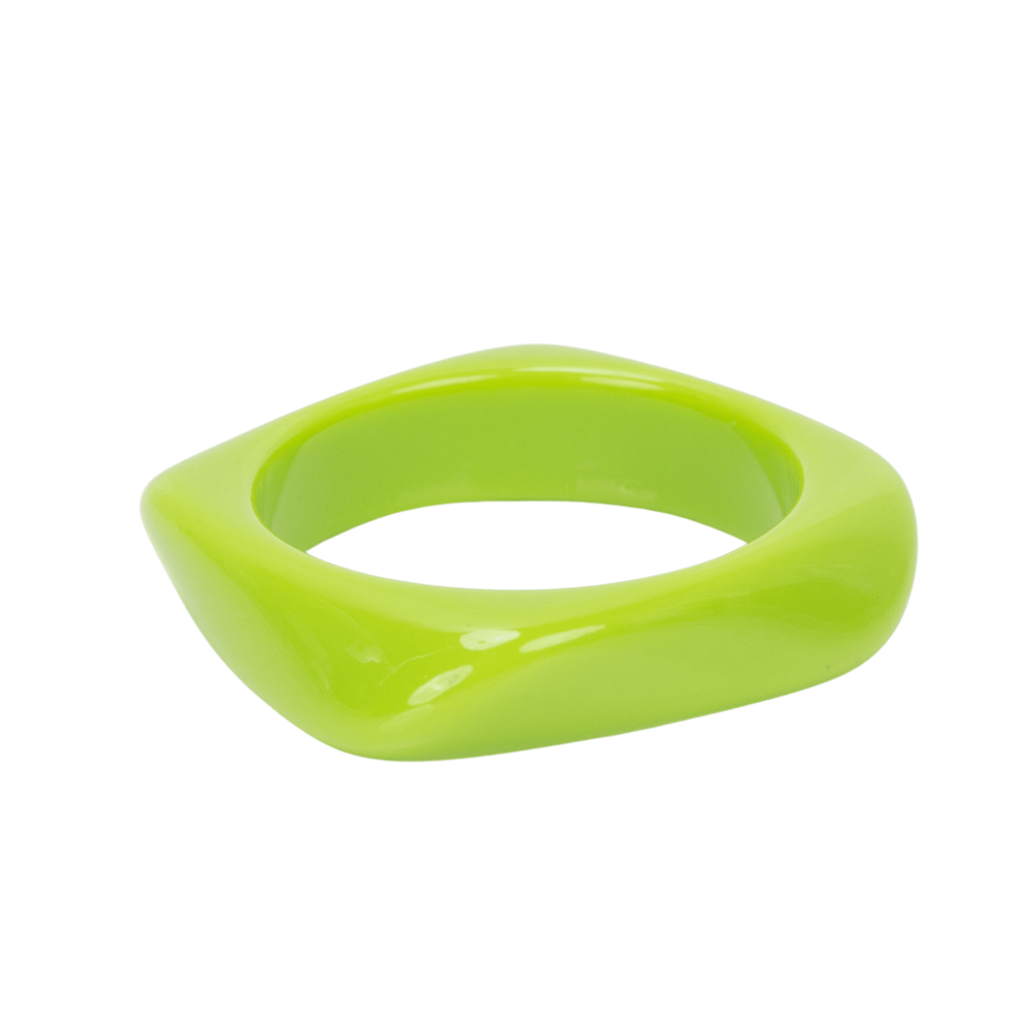 Glossy lime green resin bangle bracelet with smooth sculptural silhouette on a white background.