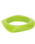 Glossy lime green resin bangle bracelet with smooth sculptural silhouette on a white background.