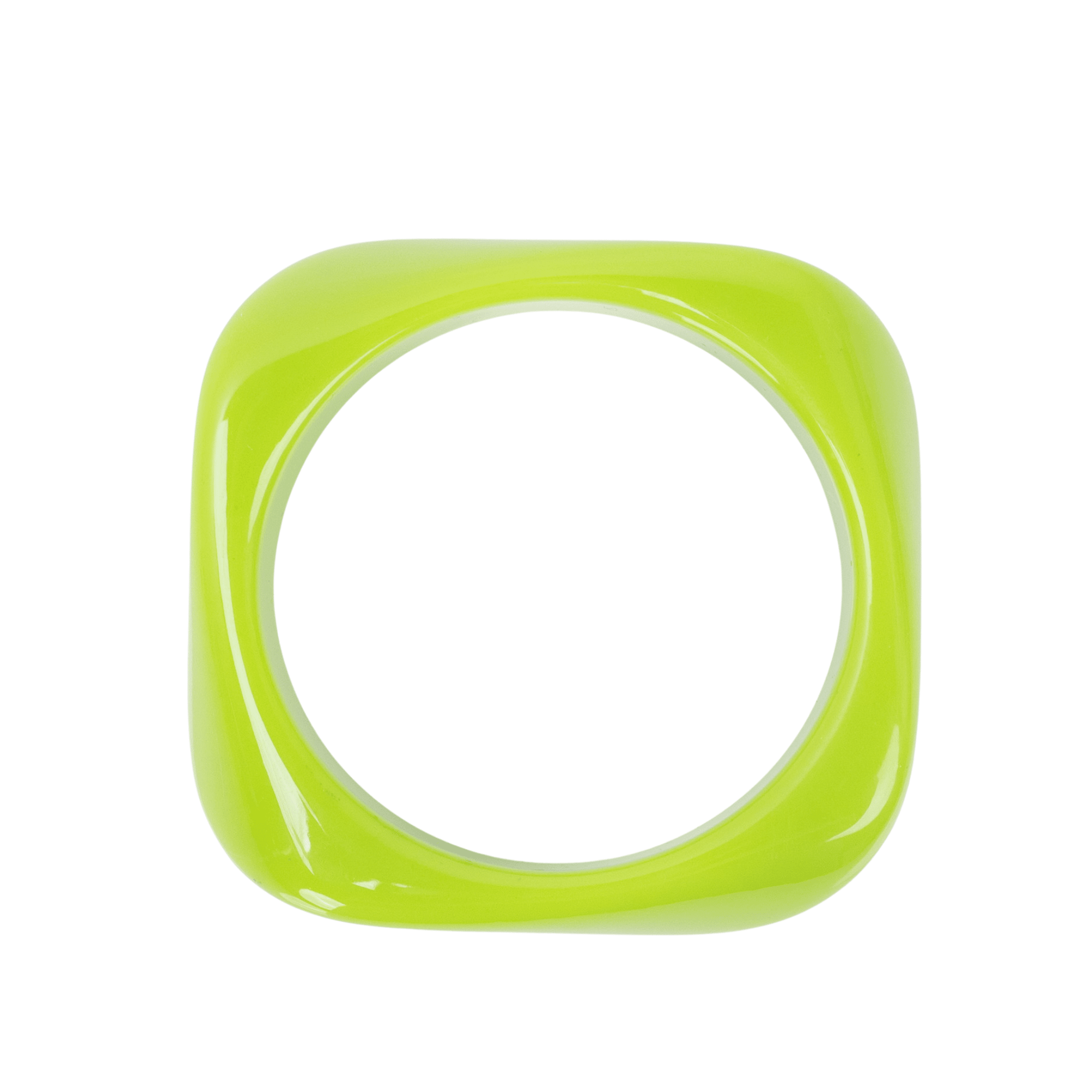 Glossy lime green resin bangle bracelet with smooth sculptural silhouette on a white background.