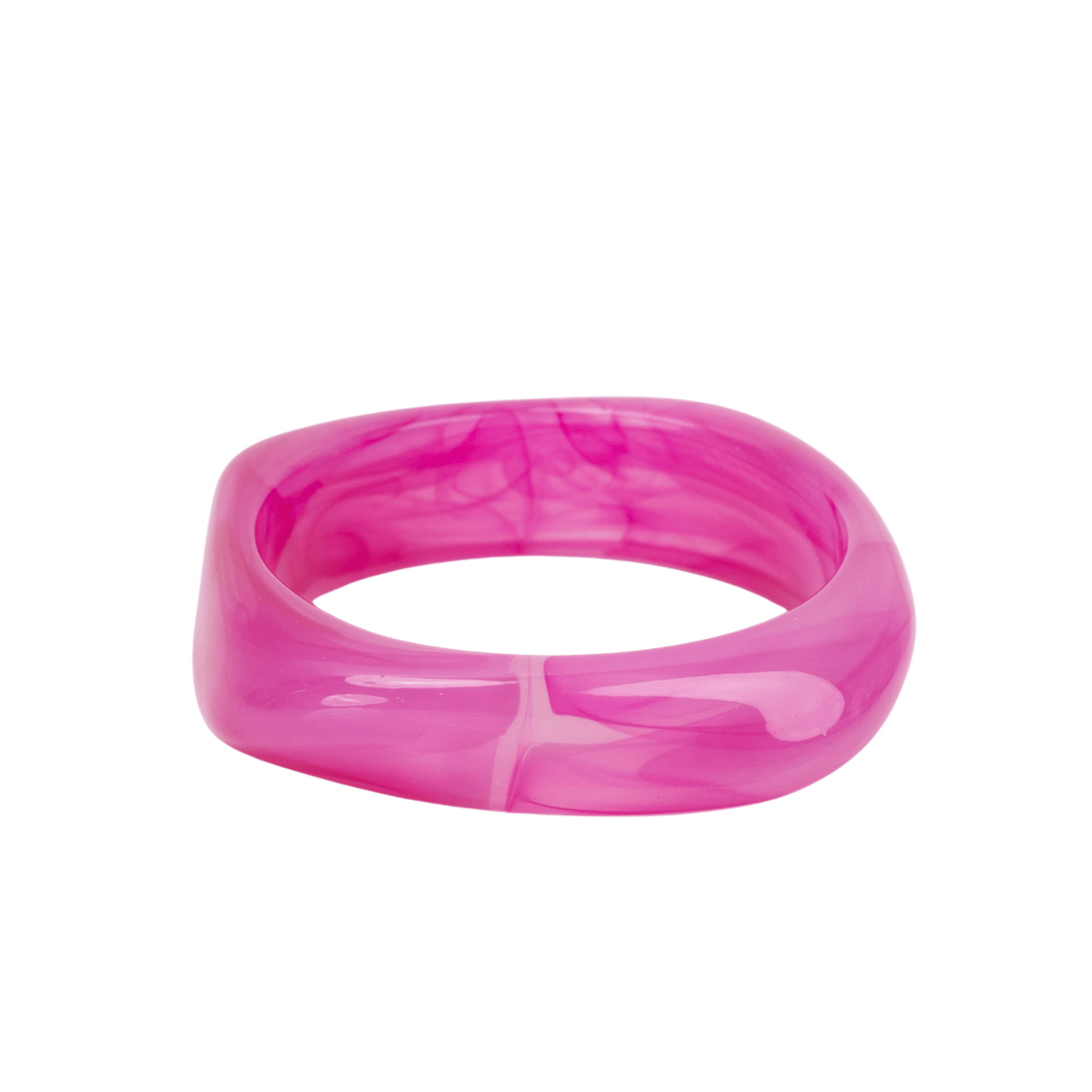 Glossy pink marbled resin bangle bracelet with vibrant fuchsia and soft candy pink swirls on a white background.