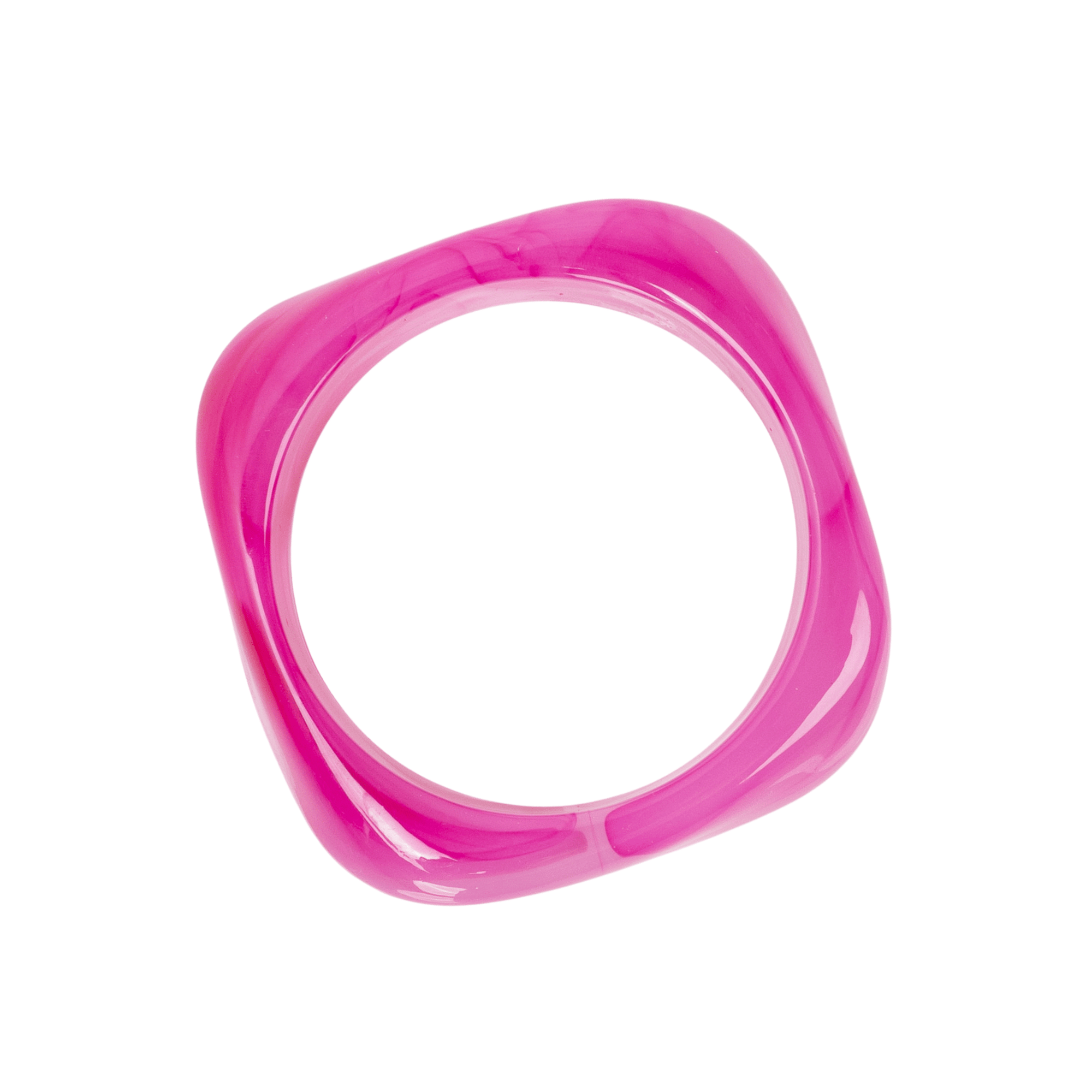 Glossy pink marbled resin bangle bracelet with vibrant fuchsia and soft candy pink swirls on a white background.