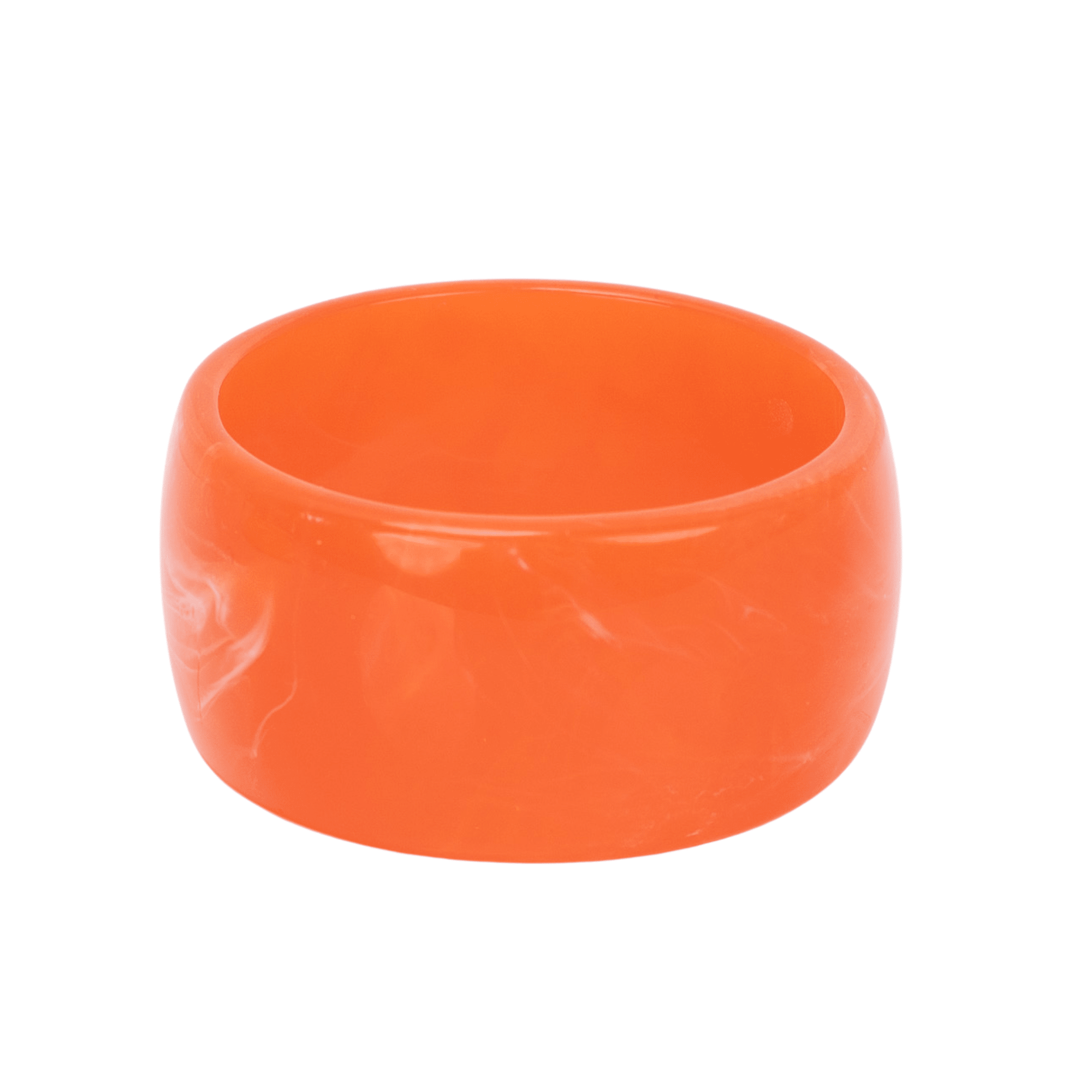 Chunky coral orange resin bangle bracelet with glossy translucent marbling on a white background.