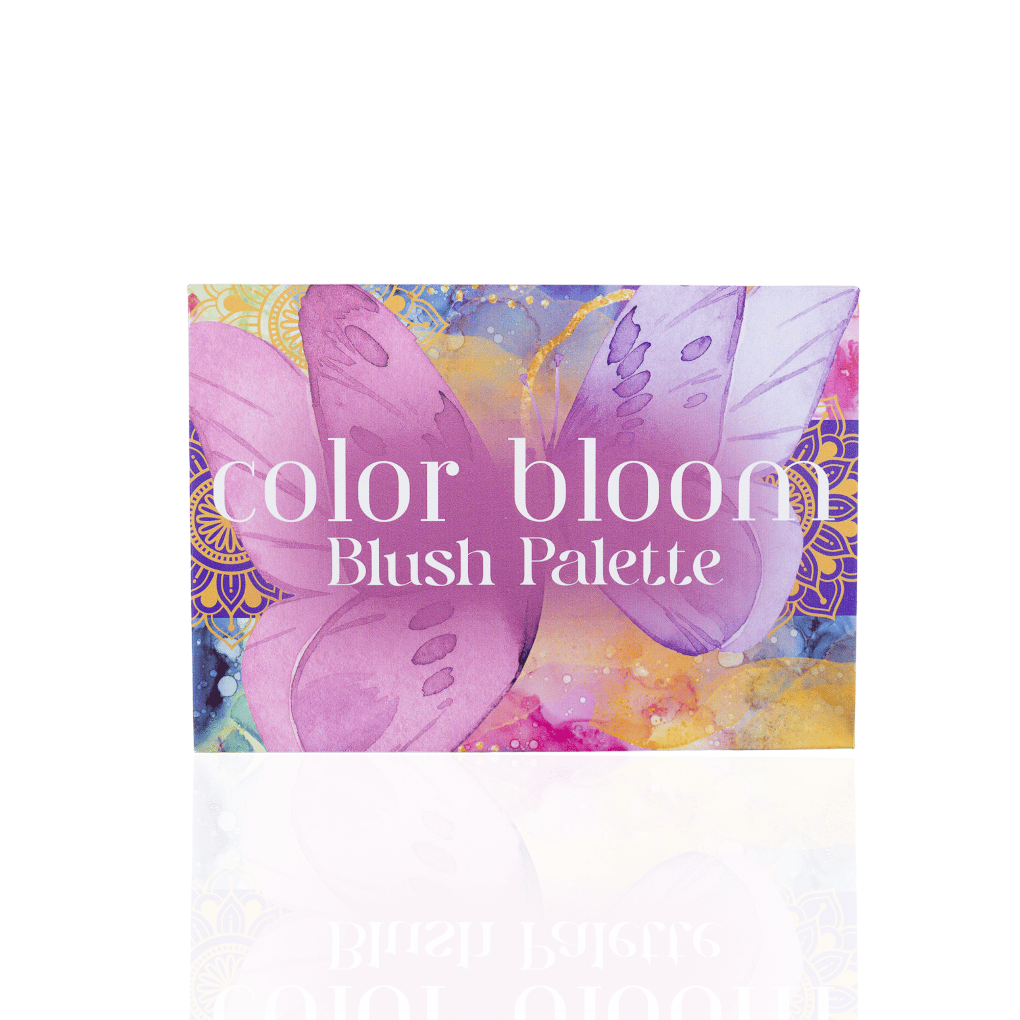 Color Bloom Blush Palette featuring six colorful blush shades in pink, peach, lilac, and berry tones beside model with glowing radiant skin