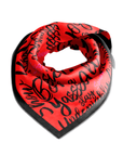 luxury square scarf, red fashion scarf, statement women’s scarf, motivational print scarf, designer neck scarf, bold accessories for women, head scarf styling, contemporary fashion scarf, boutique women’s scarf, inspirational fashion accessories