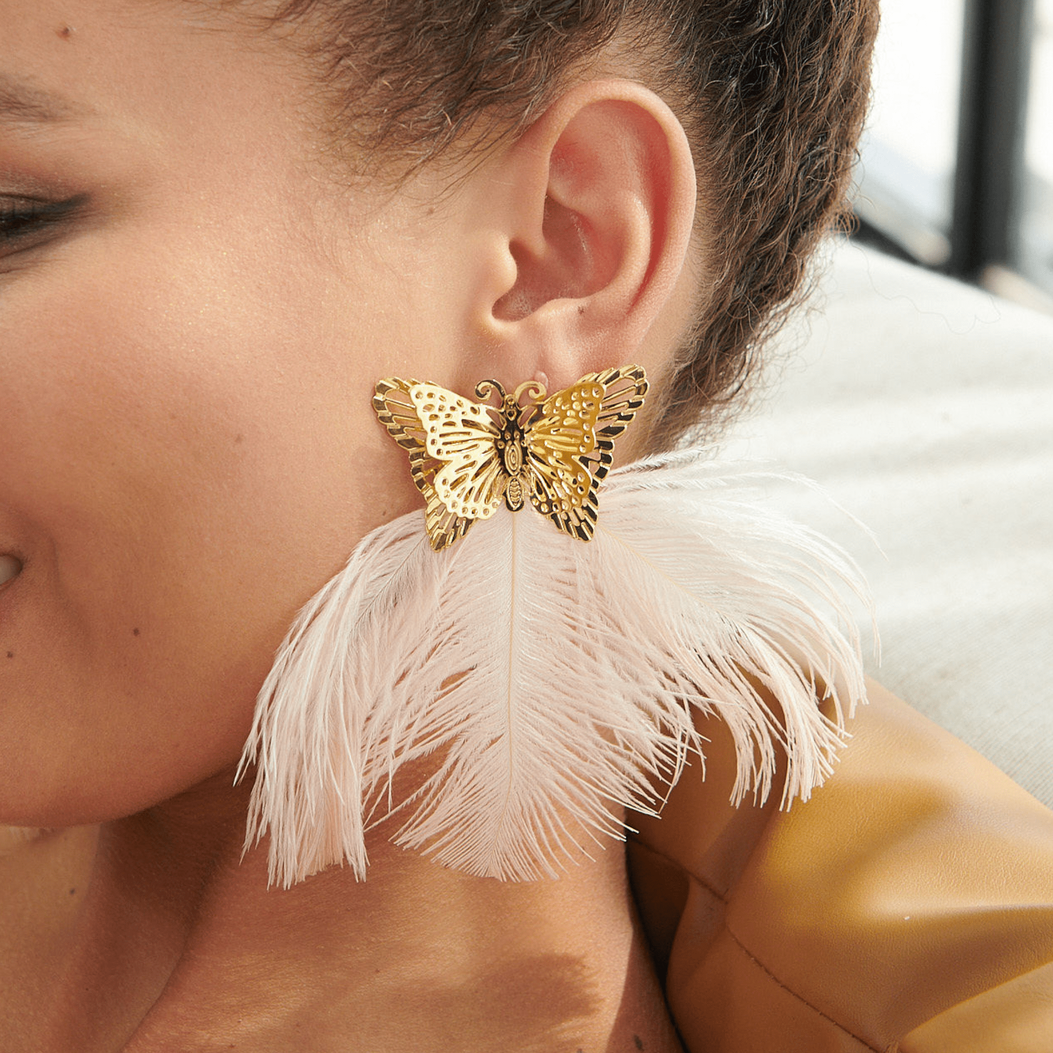 Dana Butterfly Glam Feather Earrings - Blush,Earrings, Sassy Jones,