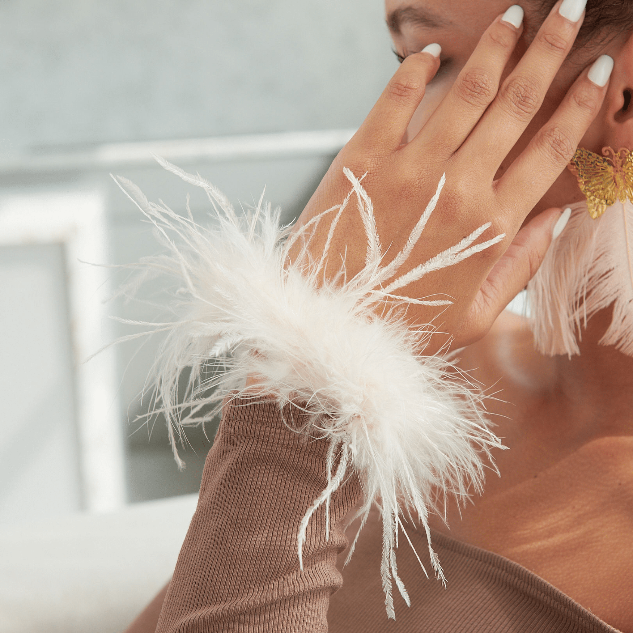 Dana Glam Adjustable Ostrich Feather Bracelet - Blush,Bracelets, Sassy Jones,