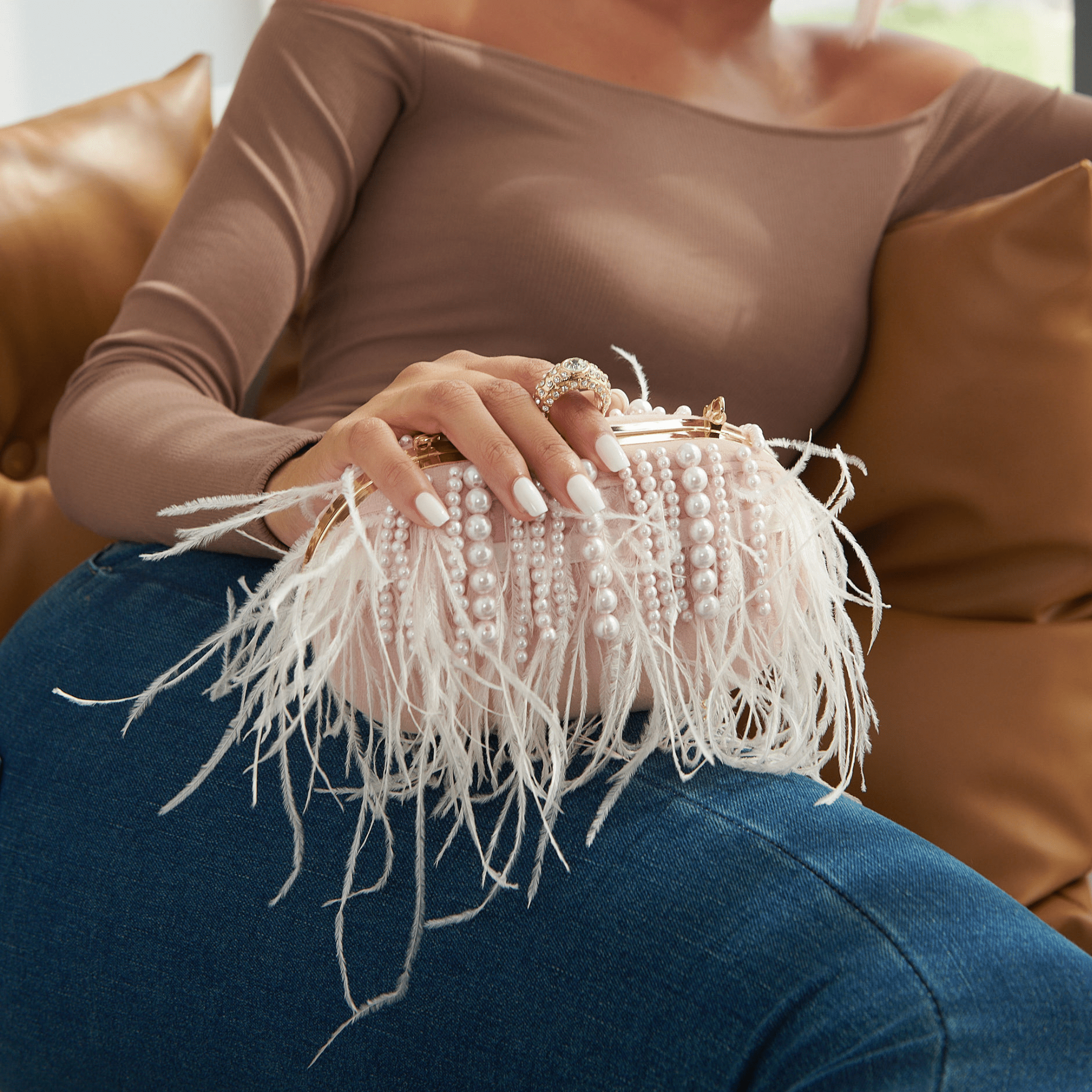 Dana Ostrich Feather Clutch Bag - Blush Pearl,Handbags, Sassy Jones,