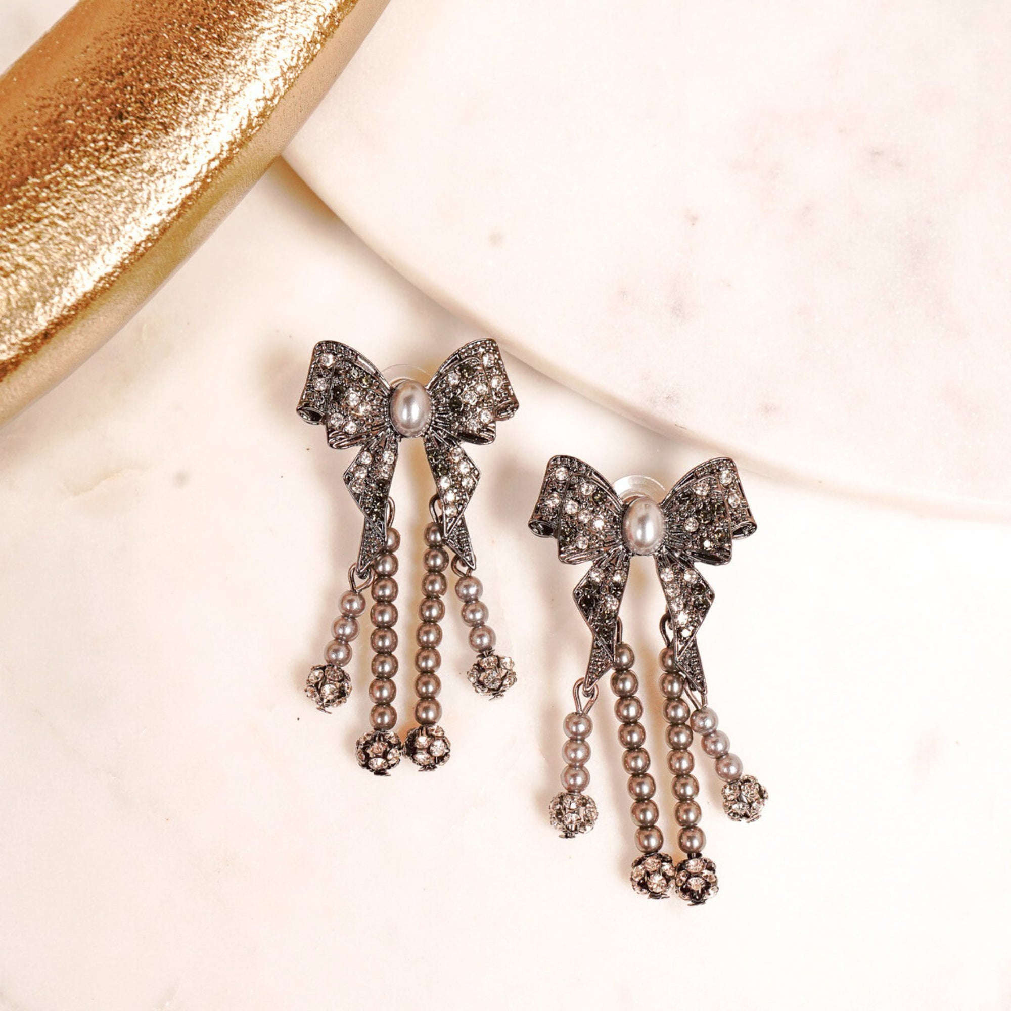 Diamonique Dainty Bow Dangles - Gray Pearl