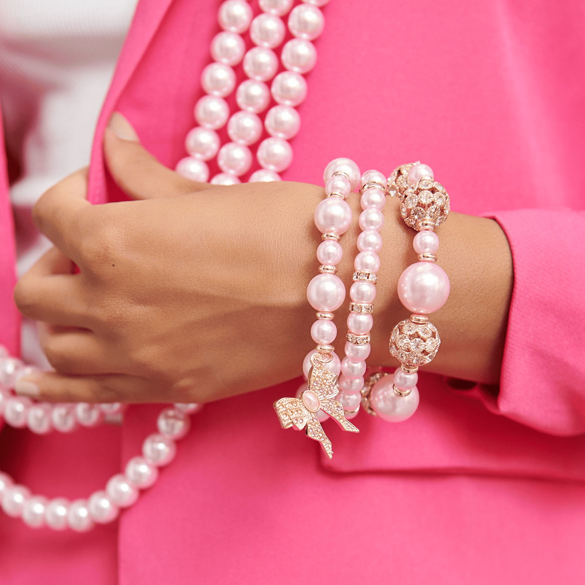 Diamonique Dainty Pearl 3pc Stretch Bracelet Stack - Pink Pearl,Bracelets, Sassy Jones,