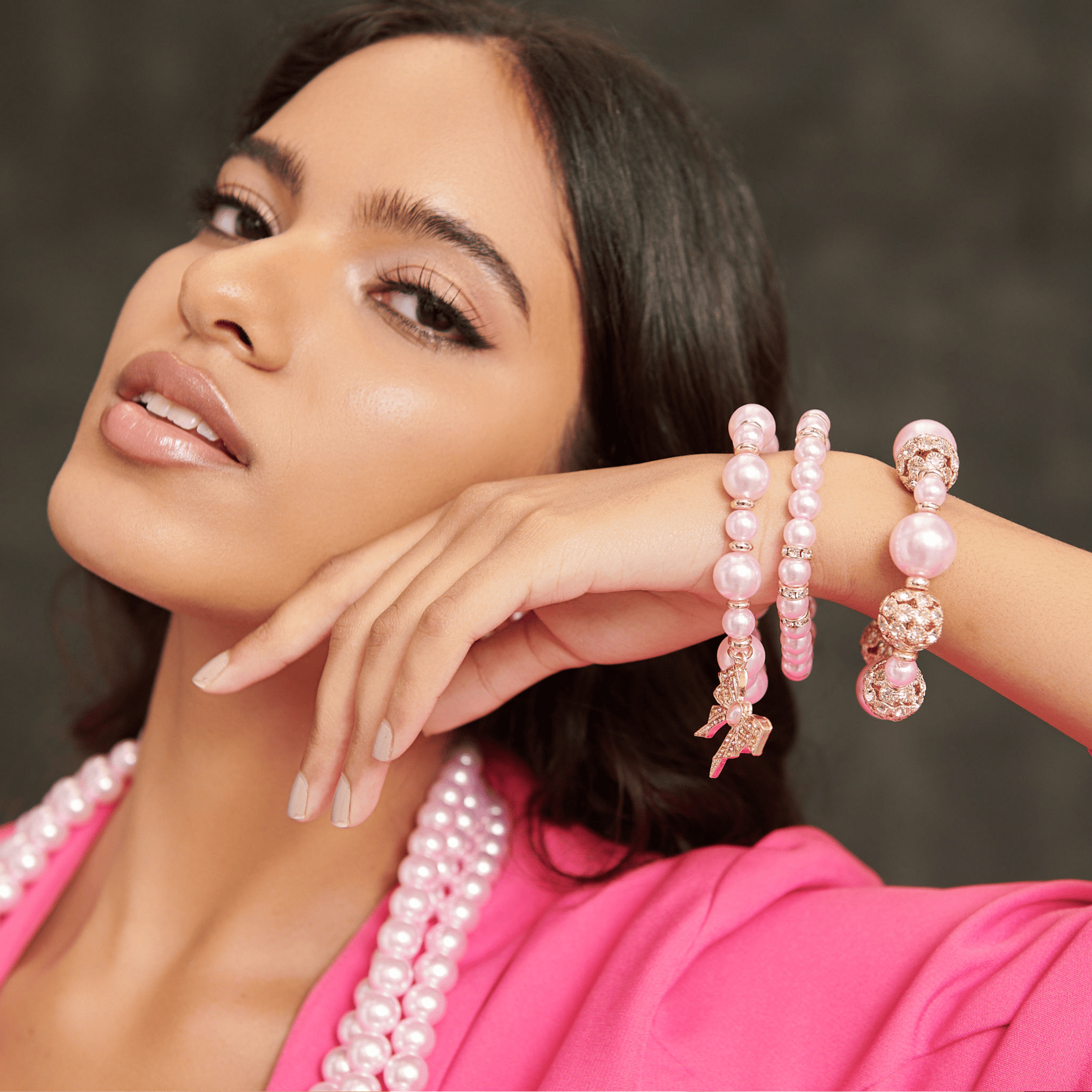 Diamonique Dainty Pearl 3pc Stretch Bracelet Stack - Pink Pearl,Bracelets, Sassy Jones,