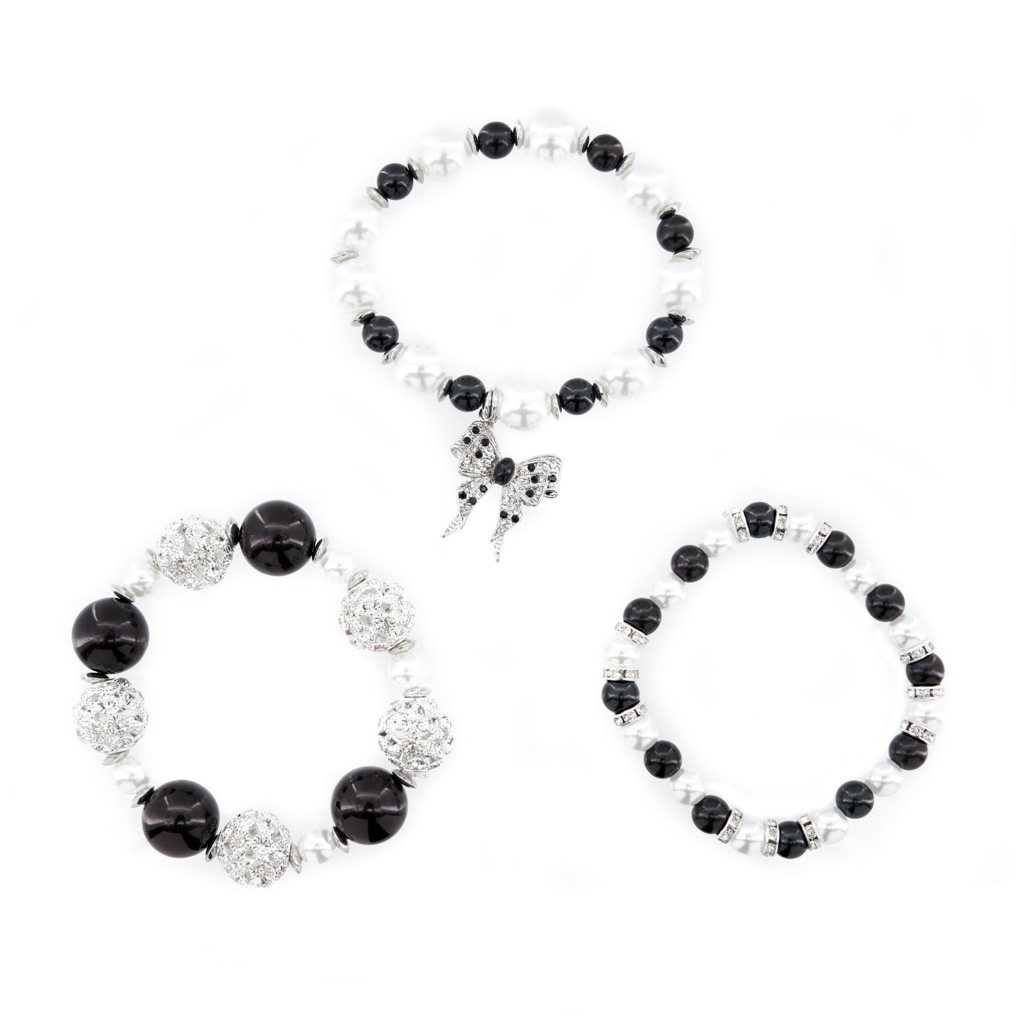 Diamonique Dainty 3pc Stretch Bracelet Stack - B/W Pearl