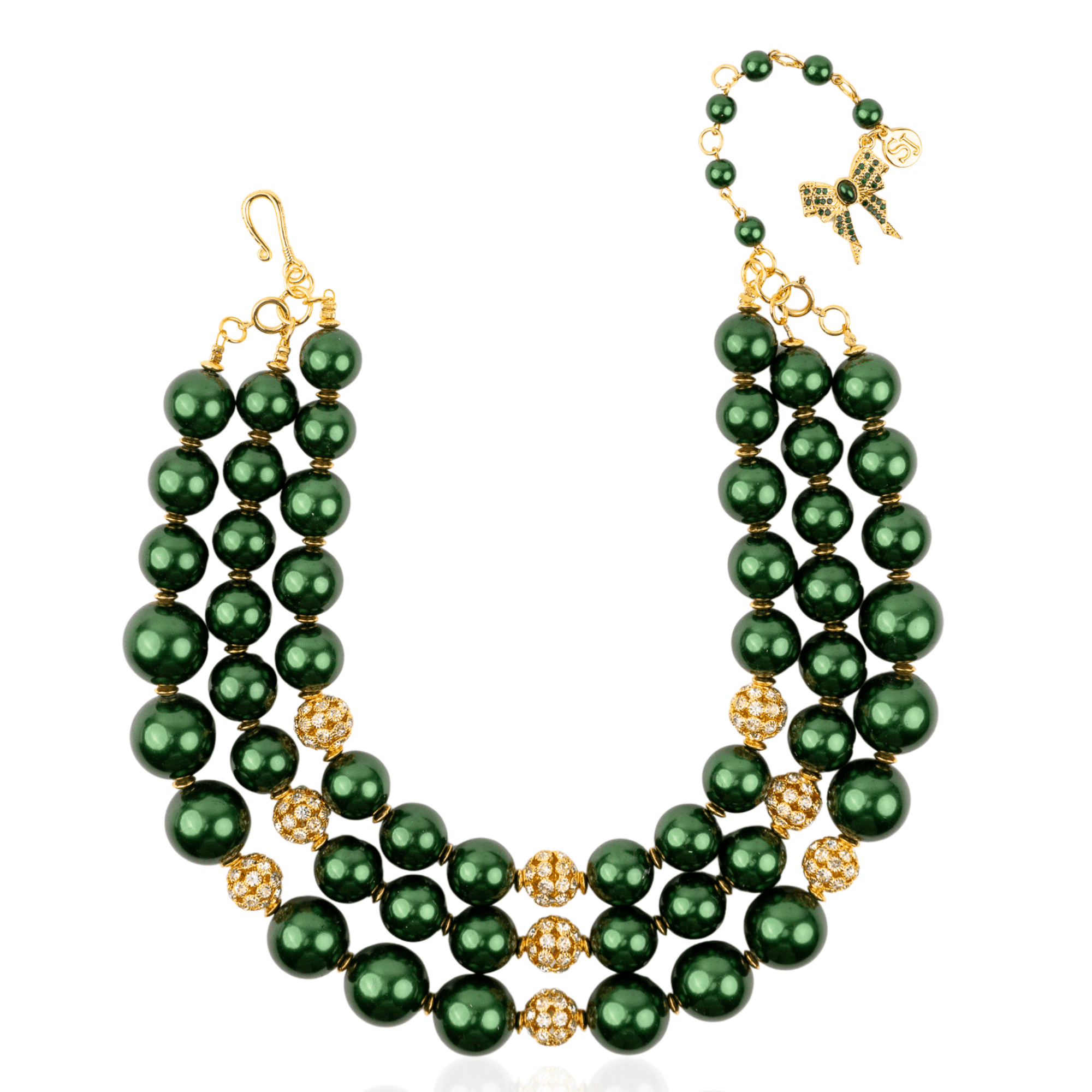 Diamonique Pearl 2 - in - 1 Chunky Necklace - Gilded Emerald,Necklaces, Sassy Jones,