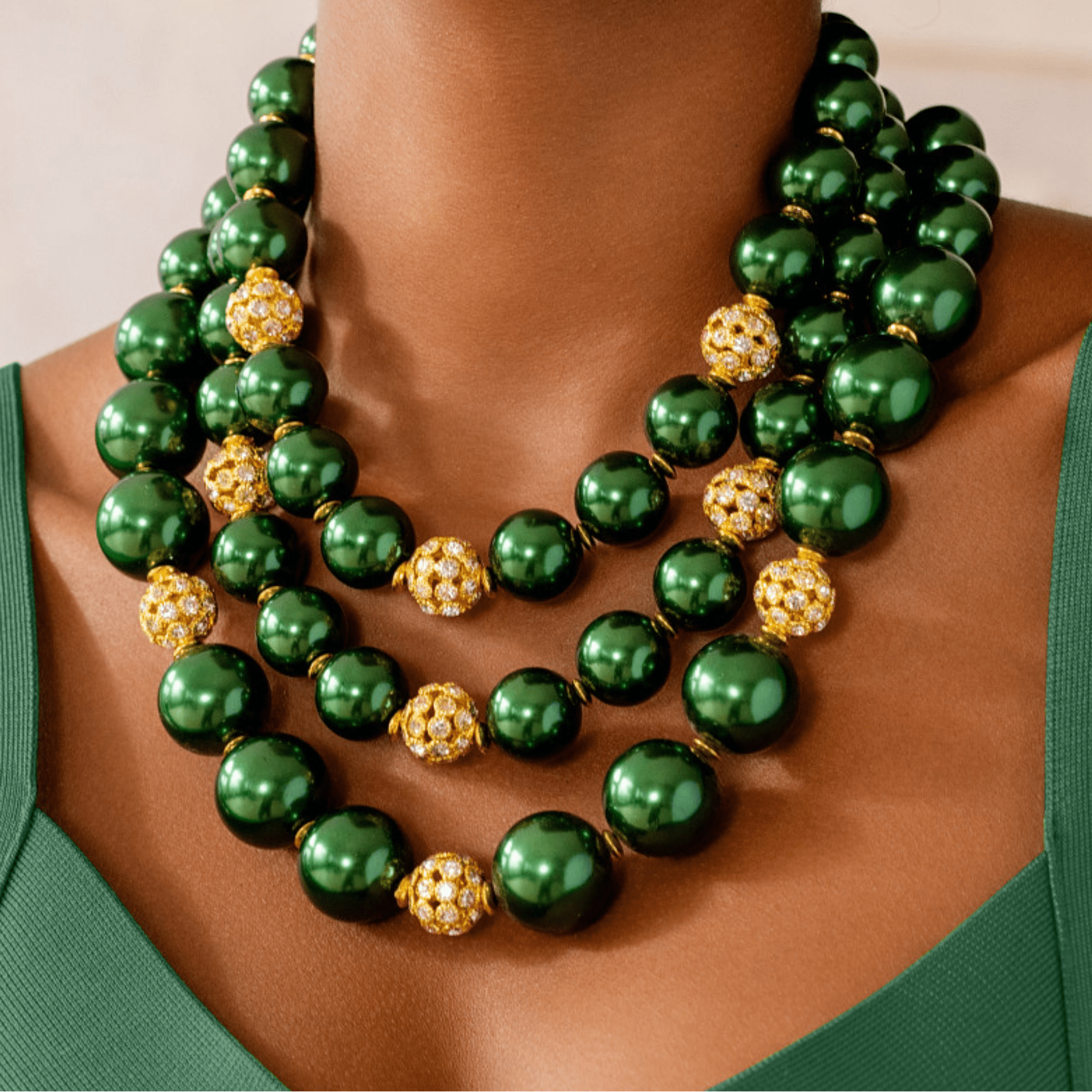 Diamonique Pearl 2 - in - 1 Chunky Necklace - Gilded Emerald,Necklaces, Sassy Jones,
