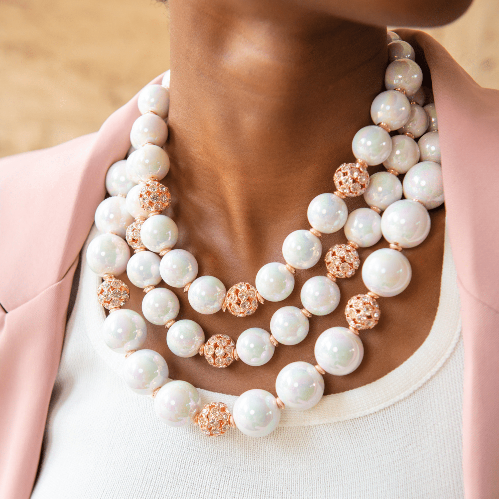 Diamonique Pearl 2 - in - 1 Chunky Necklace - Iridescent/Rose Gold,Necklaces, Sassy Jones,