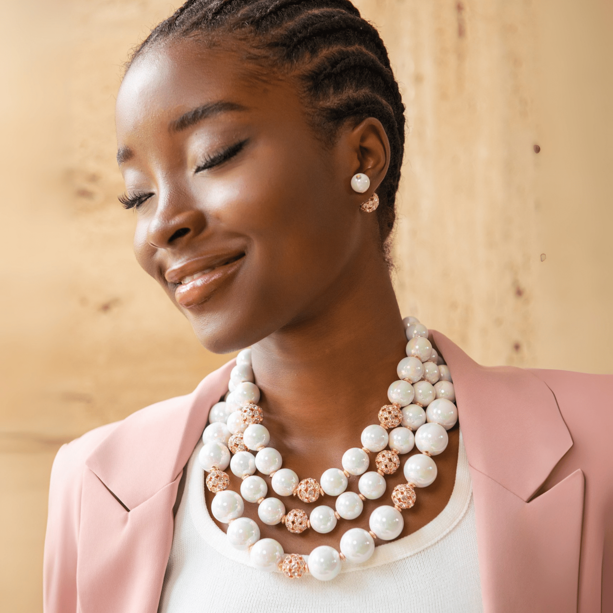 Diamonique Pearl 2 - in - 1 Chunky Necklace - Iridescent/Rose Gold,Necklaces, Sassy Jones,