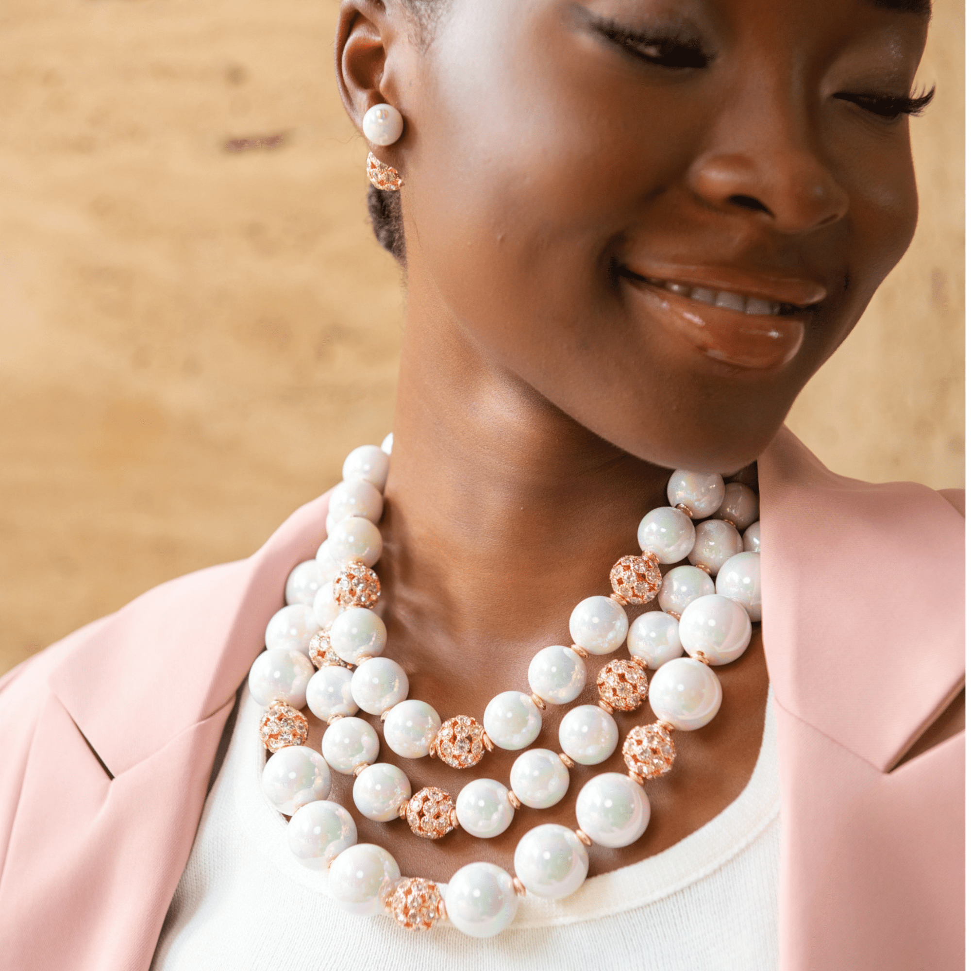 Diamonique Pearl 2 - in - 1 Chunky Necklace - Iridescent/Rose Gold,Necklaces, Sassy Jones,