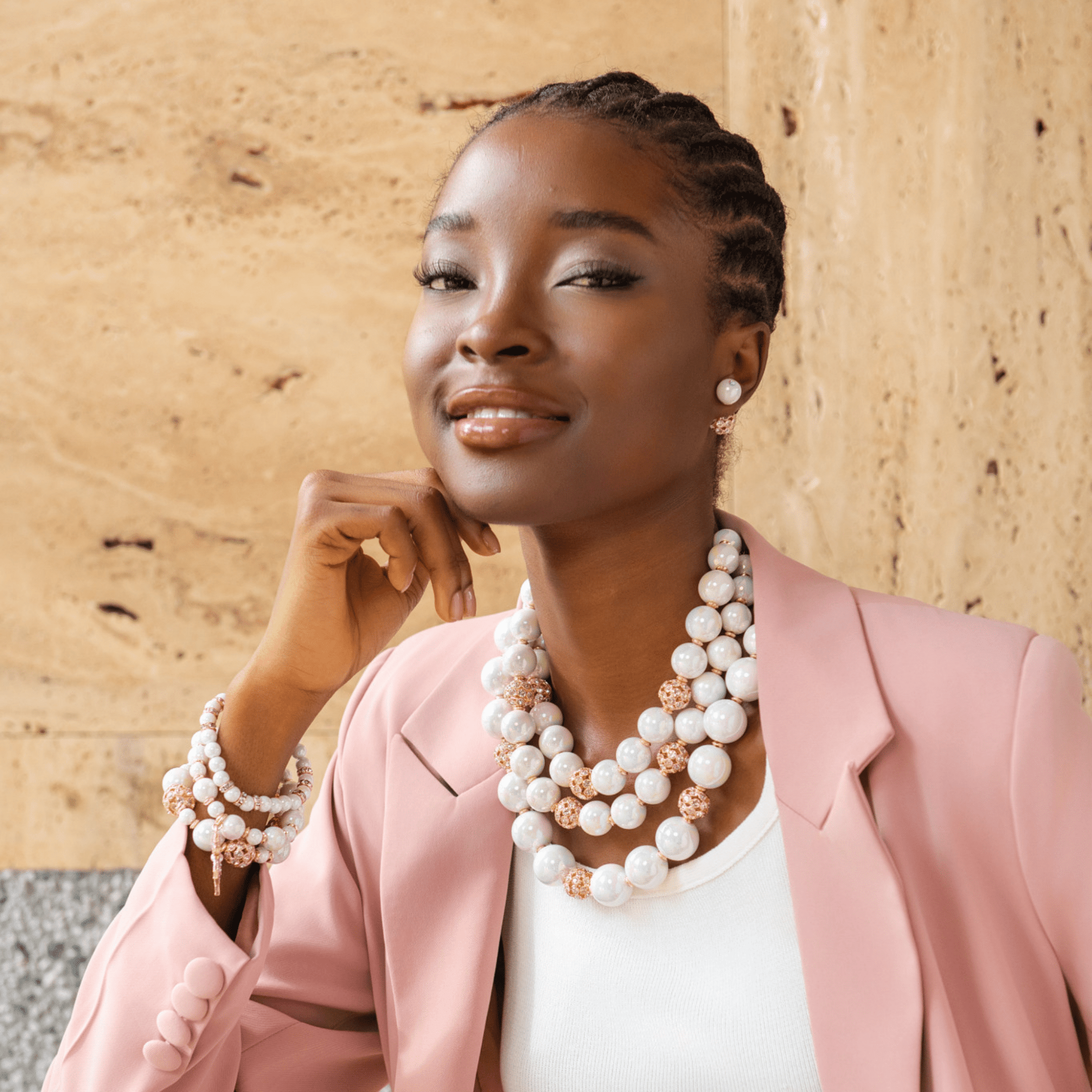 Diamonique Pearl 2 - in - 1 Chunky Necklace - Iridescent/Rose Gold,Necklaces, Sassy Jones,