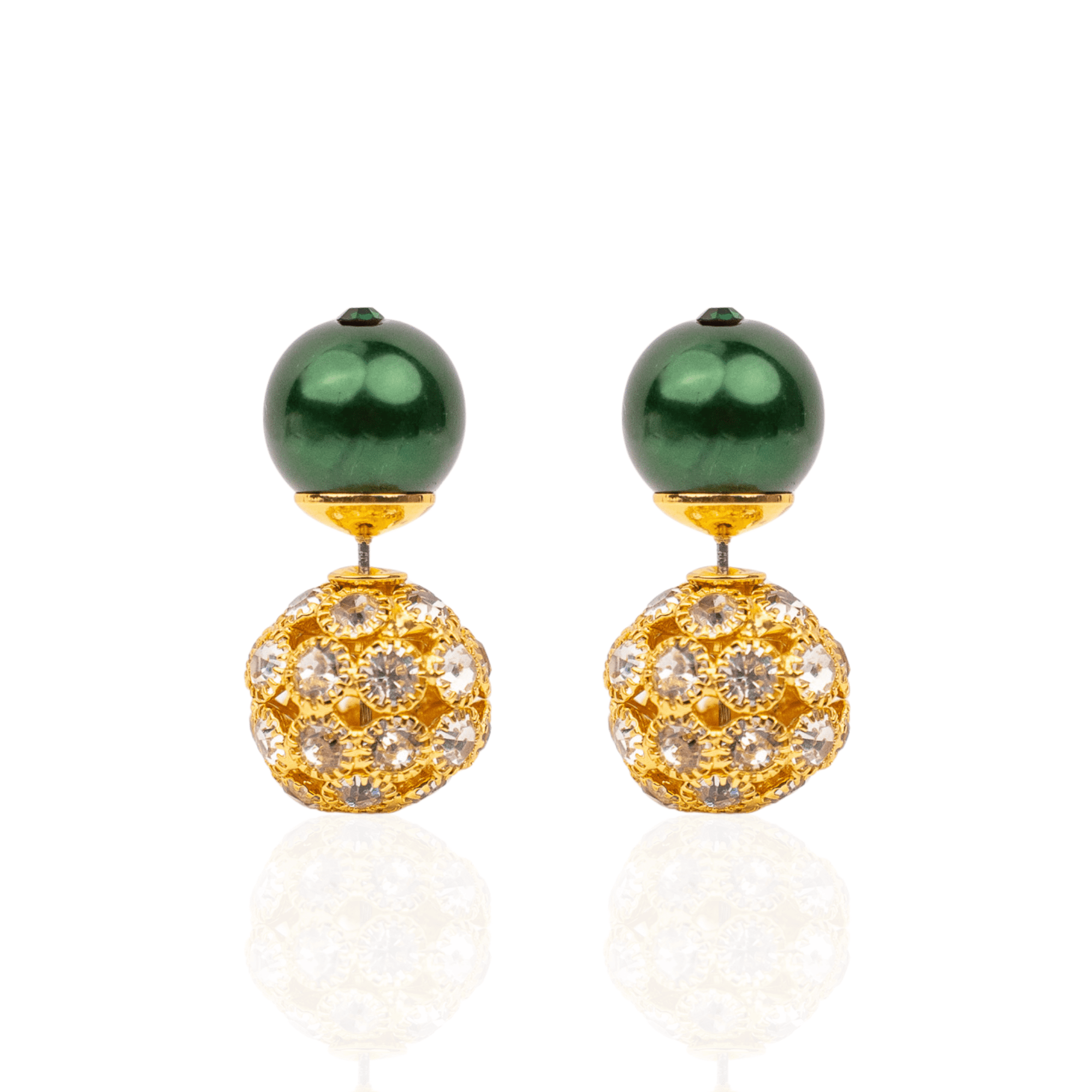 Diamonique Pearl Crystal Double Studs - Gilded Emerald,Earrings, Sassy Jones,