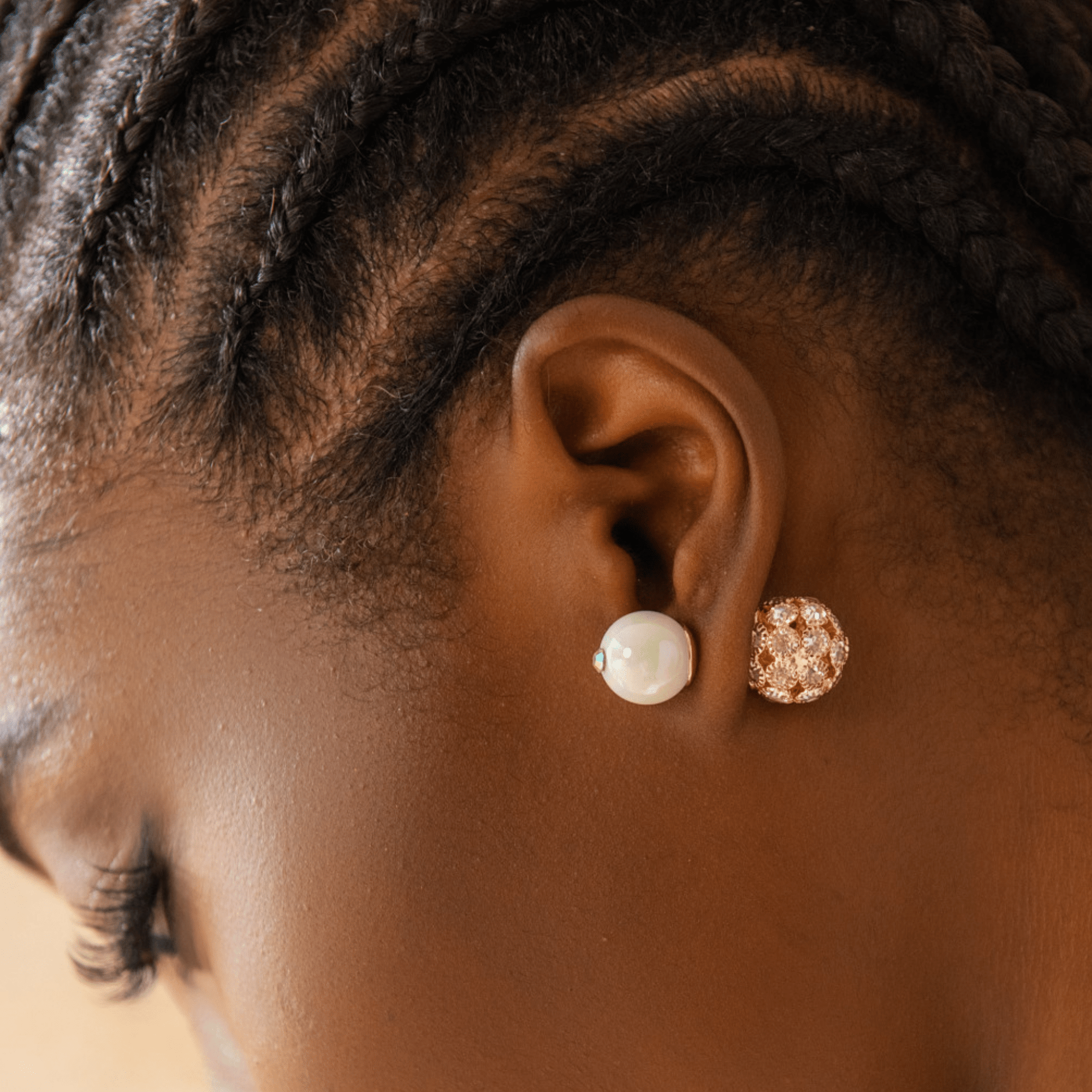 Diamonique Pearl Crystal Double Studs - Iridescent/ Rose Gold,Earrings, Sassy Jones,