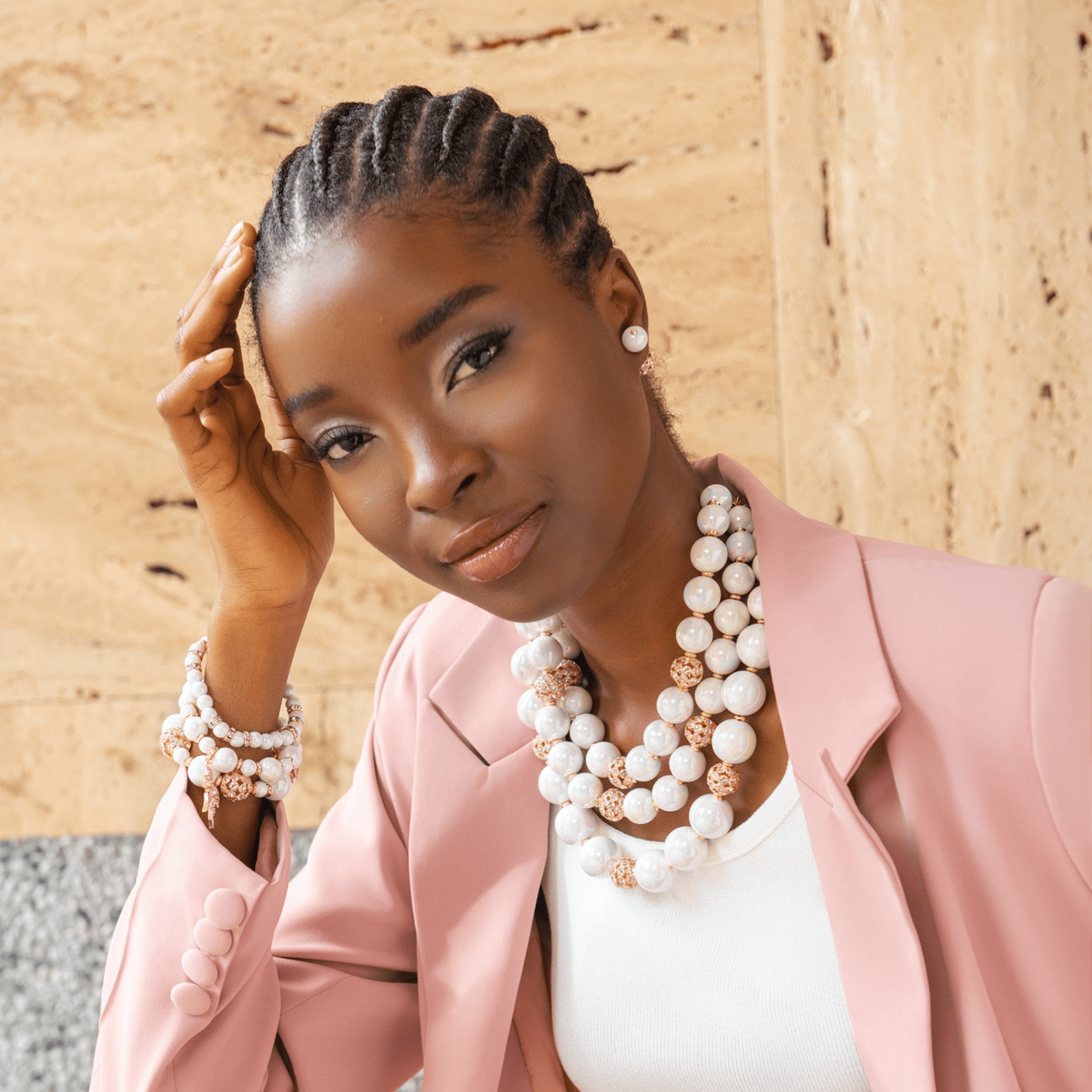 Diamonique Pearl Crystal Double Studs - Iridescent/ Rose Gold,Earrings, Sassy Jones,