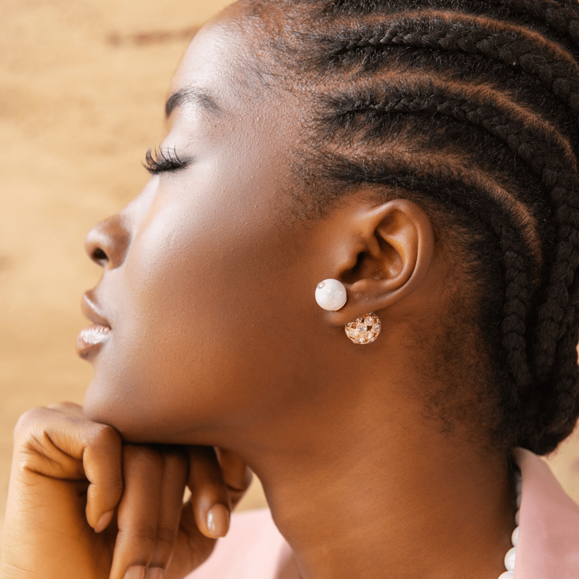 Diamonique Pearl Crystal Double Studs - Iridescent/ Rose Gold,Earrings, Sassy Jones,