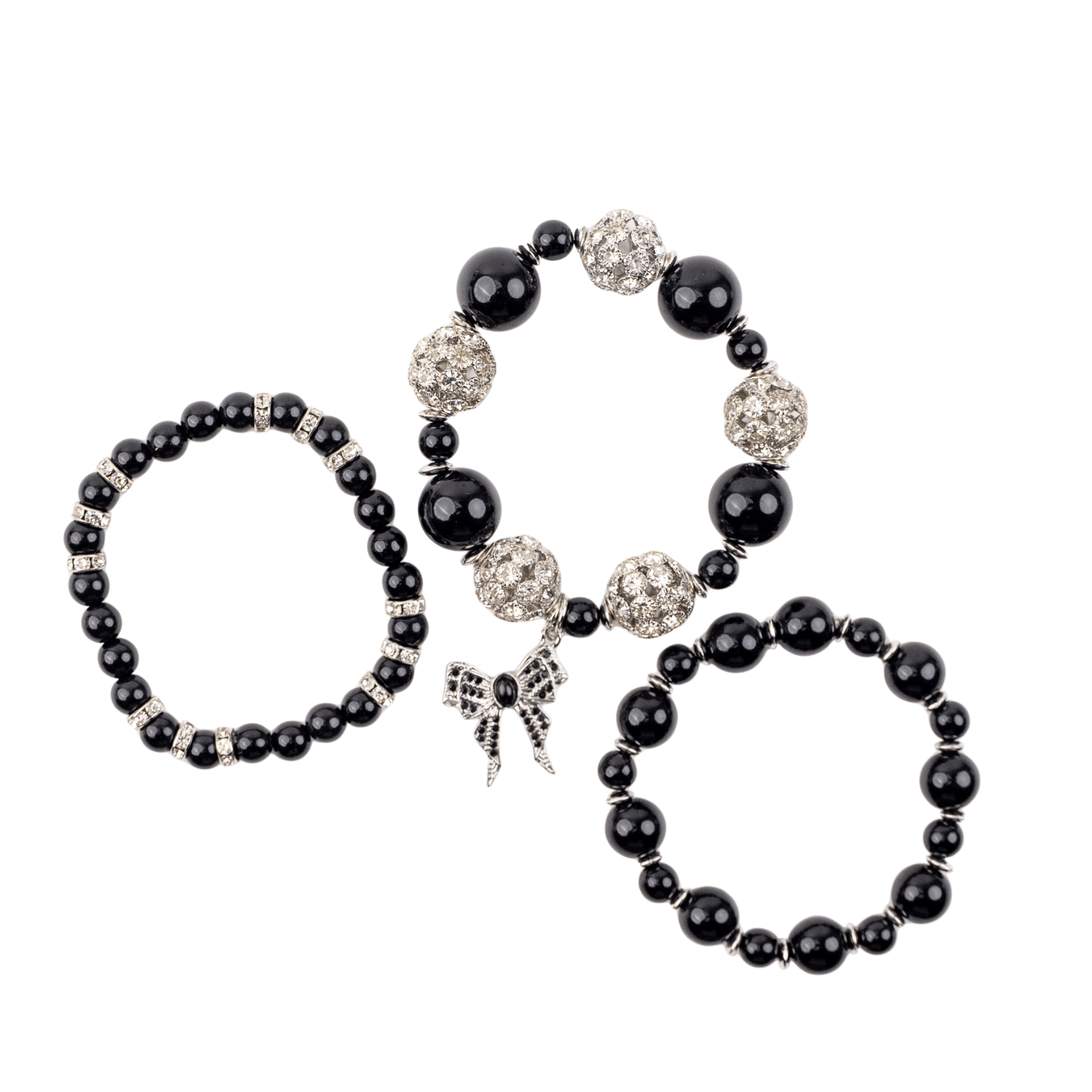 Diamonique Pearl Dainty 3pc Stretch Bracelet Stack - Black Pearl,Bracelets, Sassy Jones,