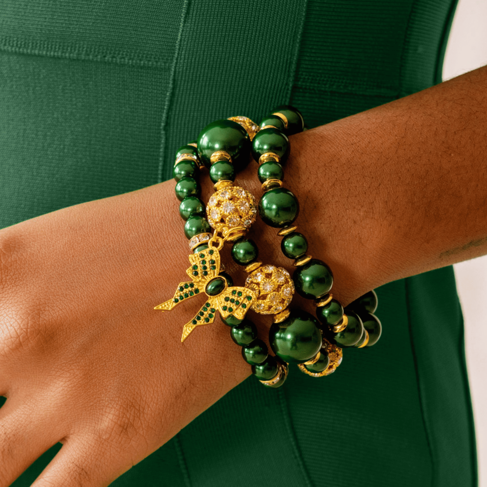 Diamonique Pearl Dainty 3pc Stretch Bracelet Stack - Gilded Emerald,Bracelets, Sassy Jones,