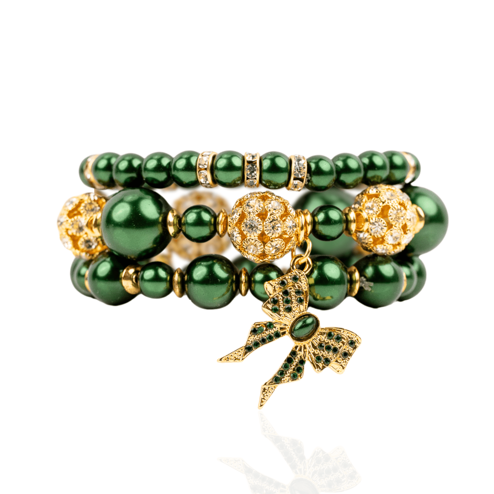 Diamonique Pearl Dainty 3pc Stretch Bracelet Stack - Gilded Emerald,Bracelets, Sassy Jones,