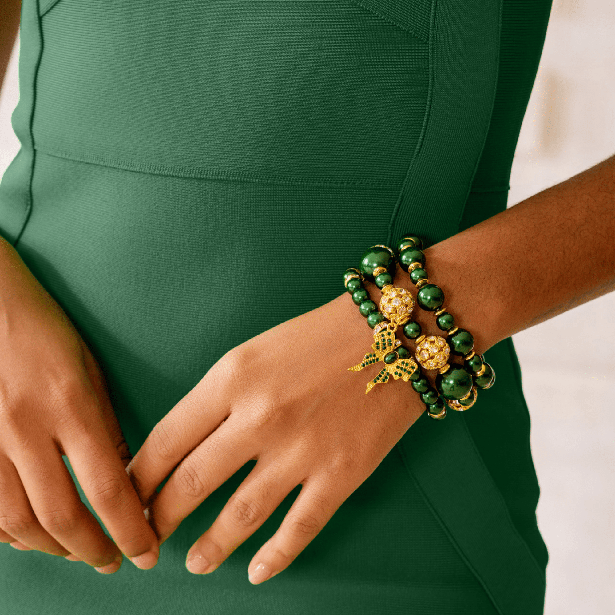 Diamonique Pearl Dainty 3pc Stretch Bracelet Stack - Gilded Emerald,Bracelets, Sassy Jones,