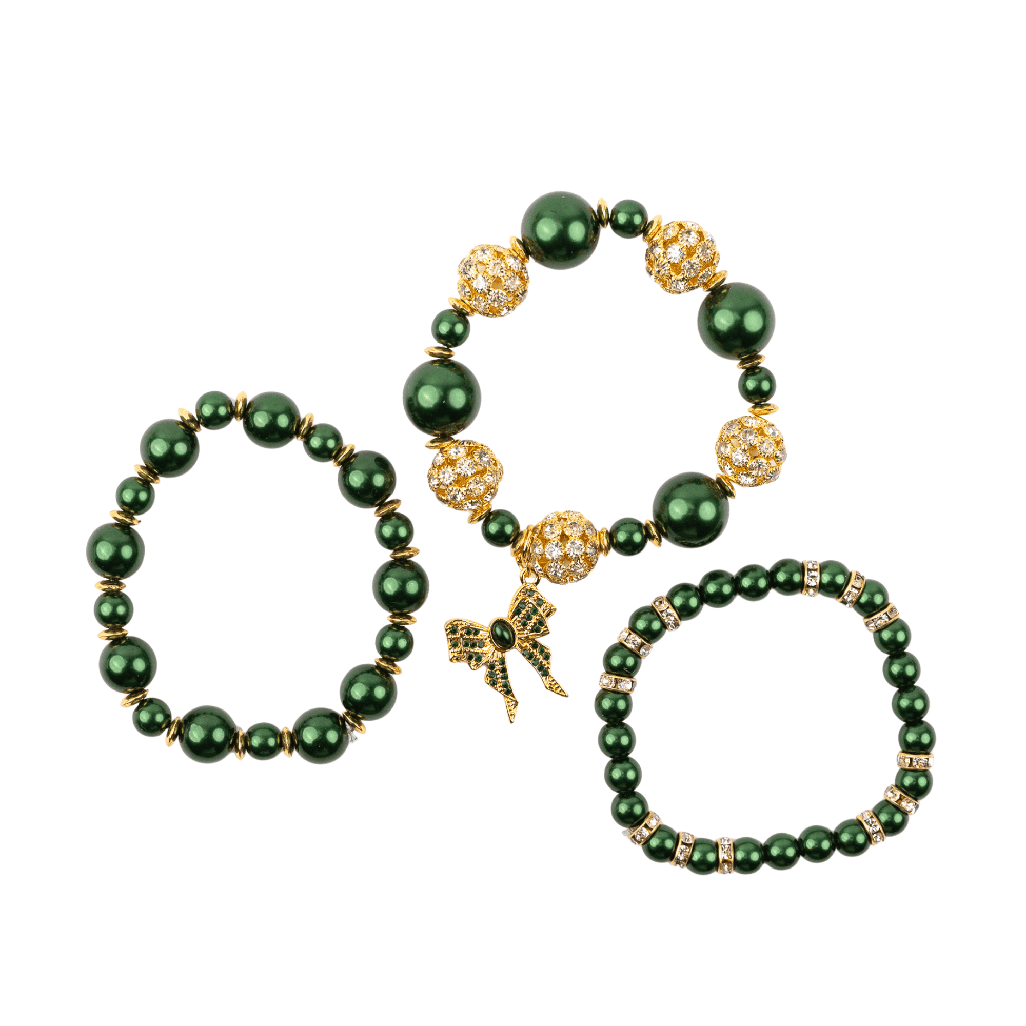 Diamonique Pearl Dainty 3pc Stretch Bracelet Stack - Gilded Emerald,Bracelets, Sassy Jones,