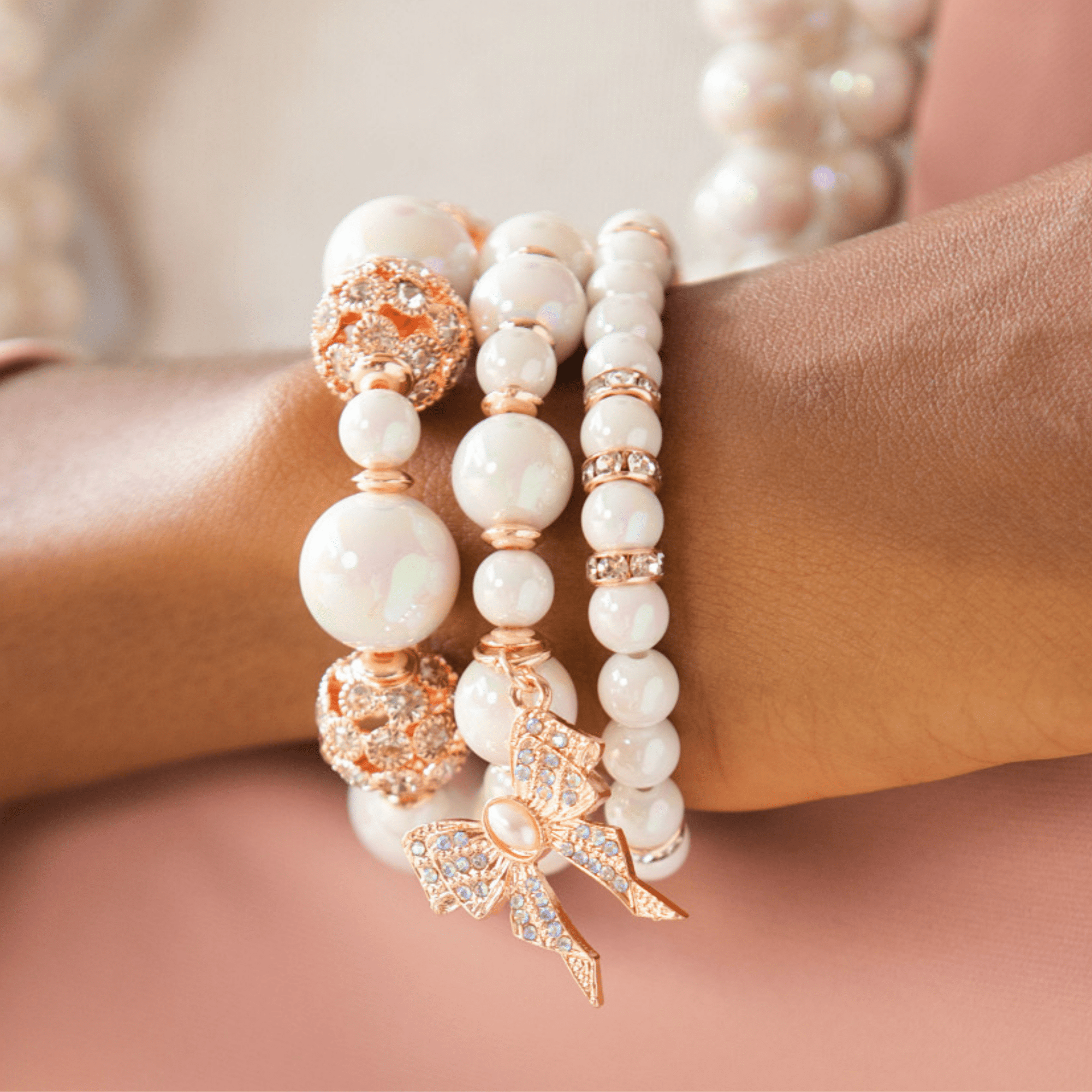 Diamonique Dainty 3pc Stretch Bracelet Stack Iridescent Pearl