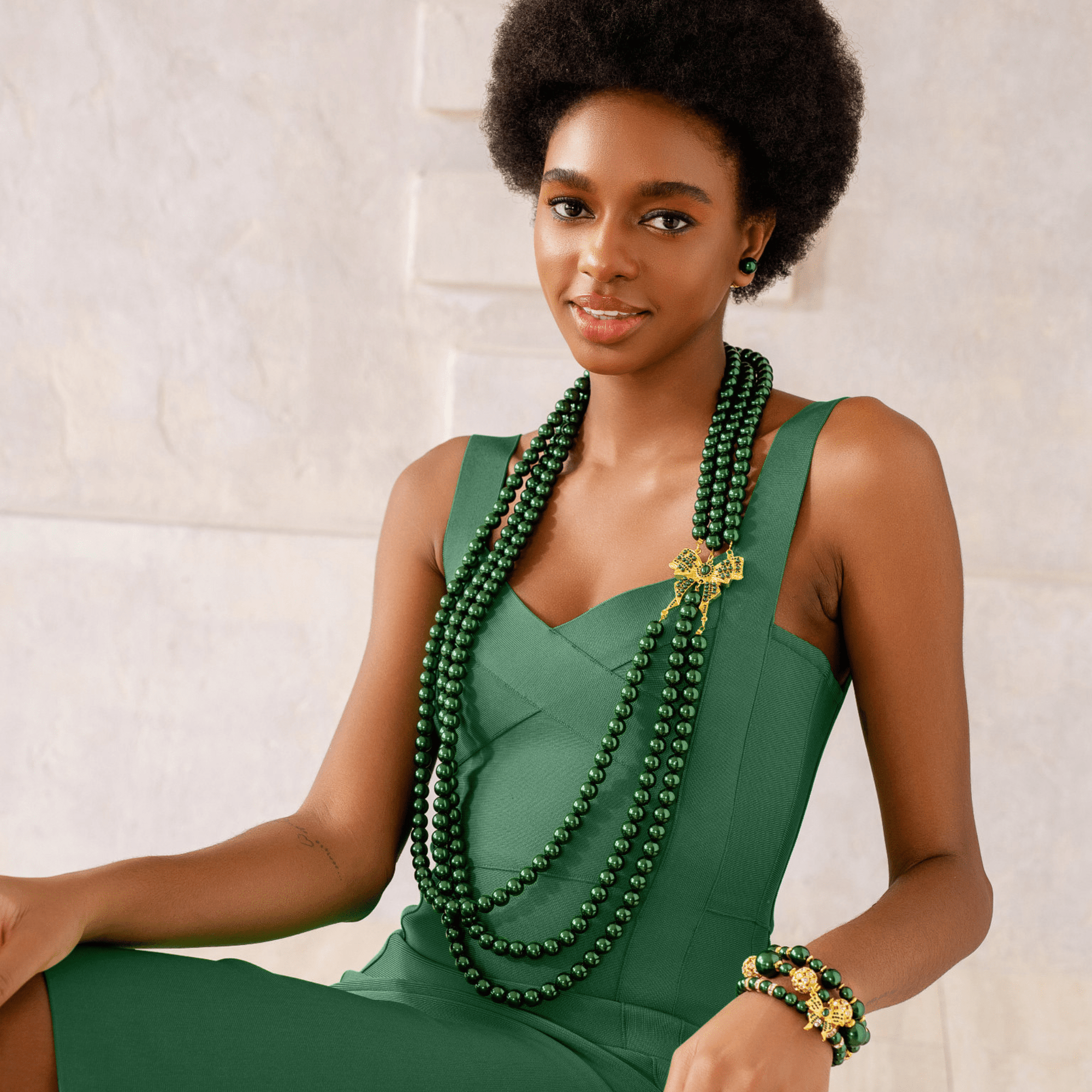 Diamonique Pearl Long Dress Chain - Gilded Emerald,Necklaces, Sassy Jones,