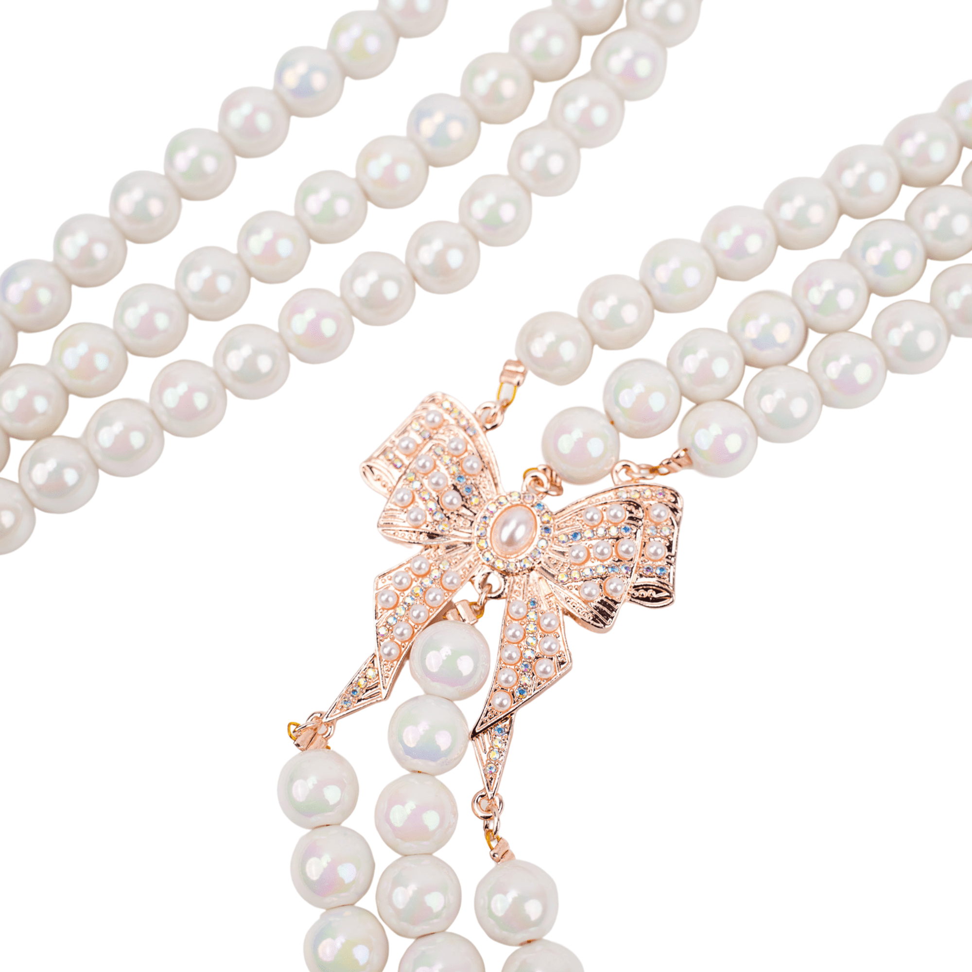 Diamonique Pearl Long Dress Chain - Iridescent/Rose Gold,Necklaces, Sassy Jones,