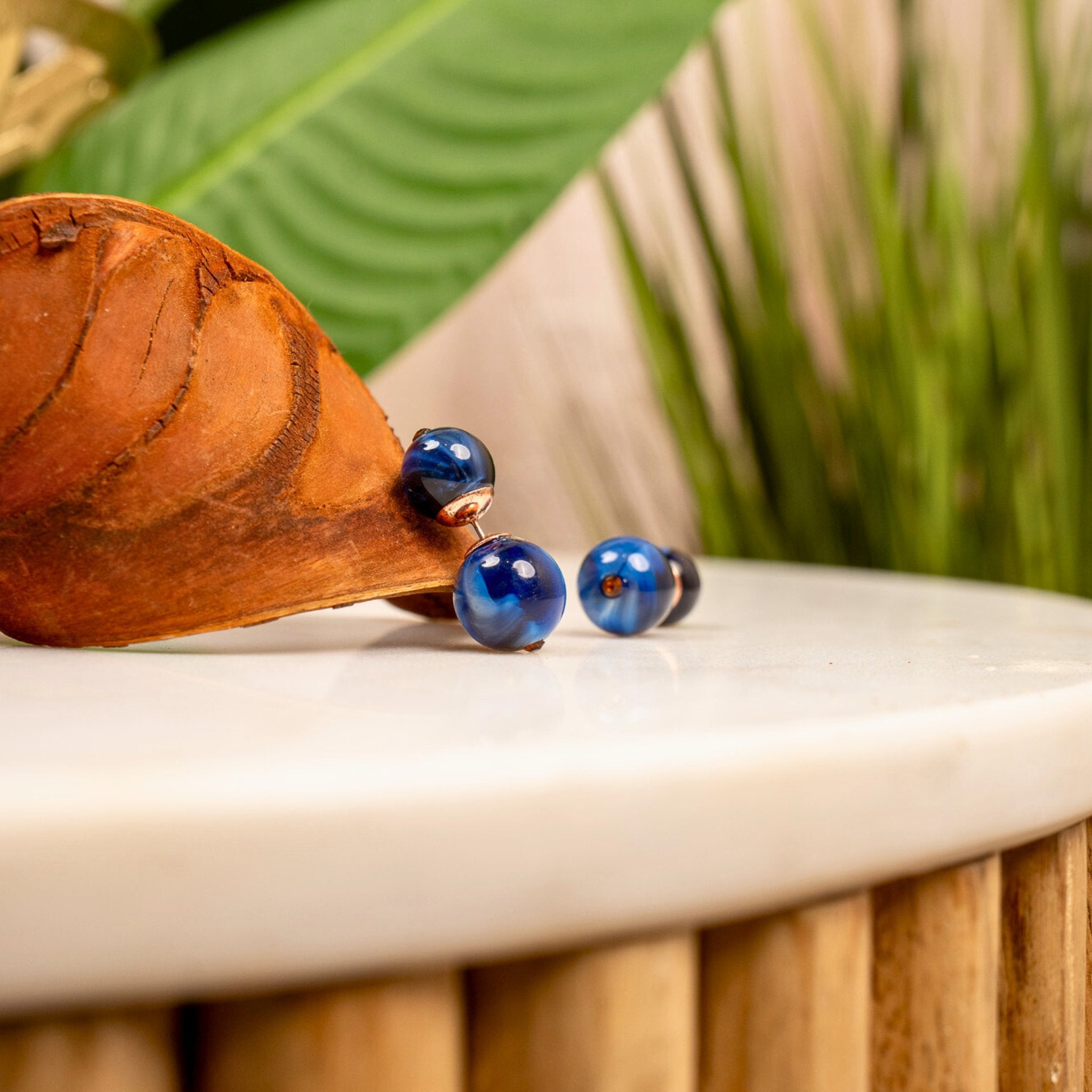 Ebony Double Studs - Blue Lapis/Bronze,Earrings, Sassy Jones,