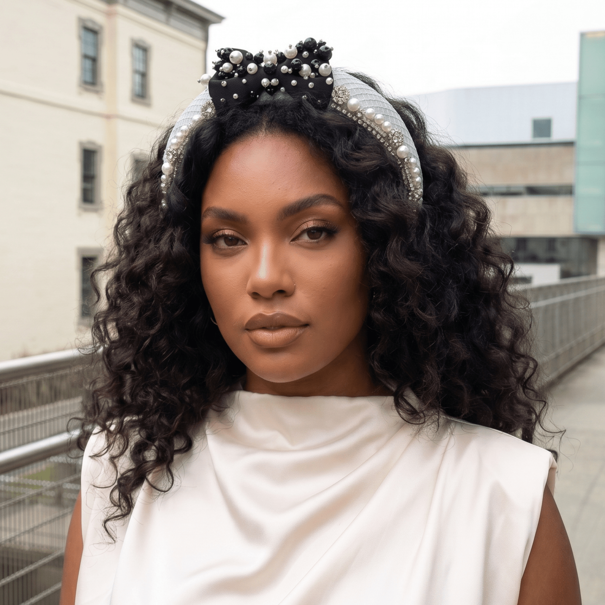 Emily Luxe Headband - Black/White Pearl,Headbands, Sassy Jones,