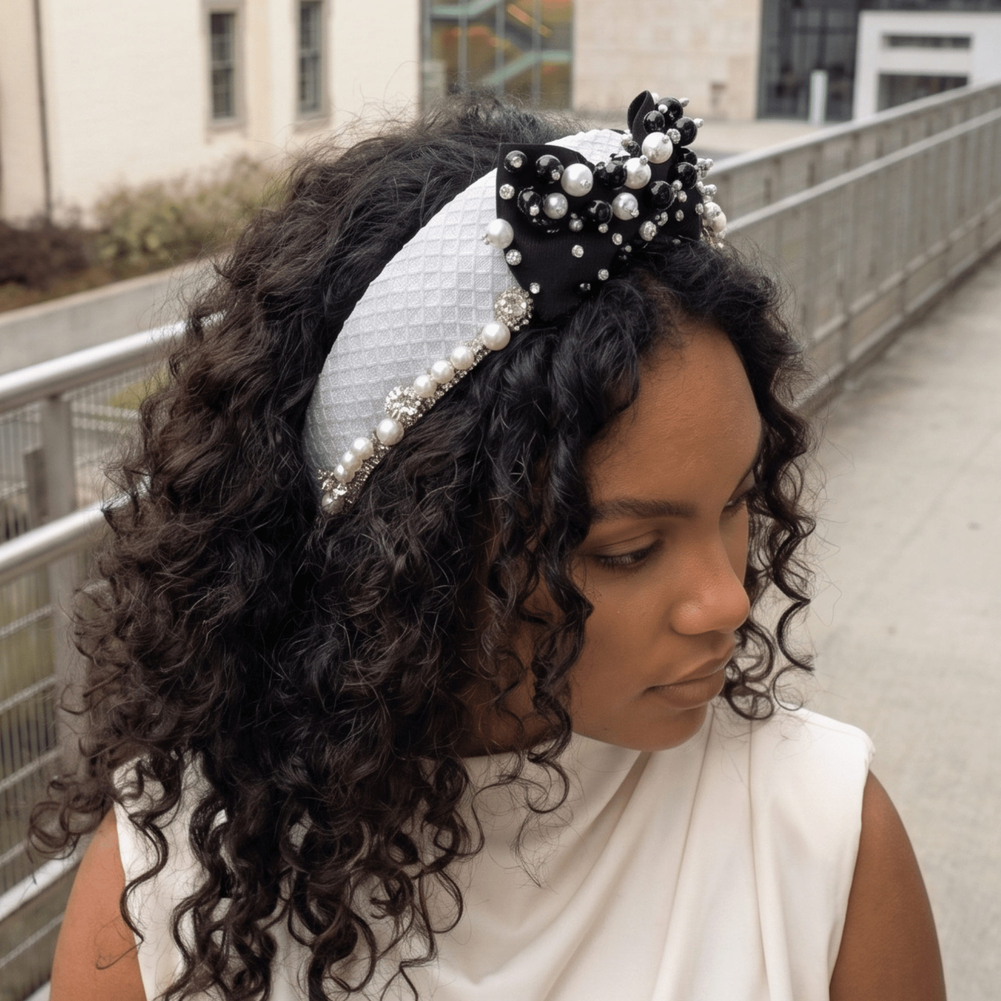 Emily Luxe Headband - Black/White Pearl,Headbands, Sassy Jones,
