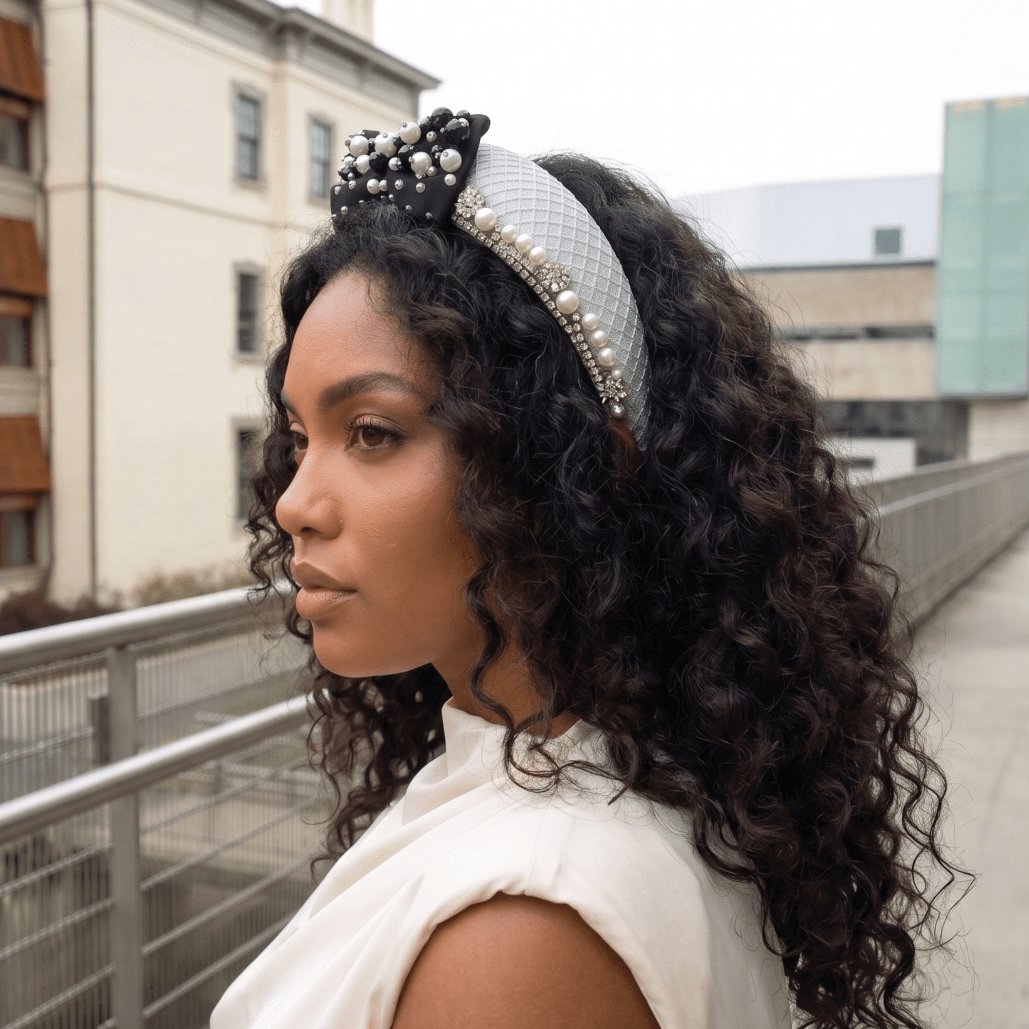 Emily Luxe Headband - Black/White Pearl,Headbands, Sassy Jones,