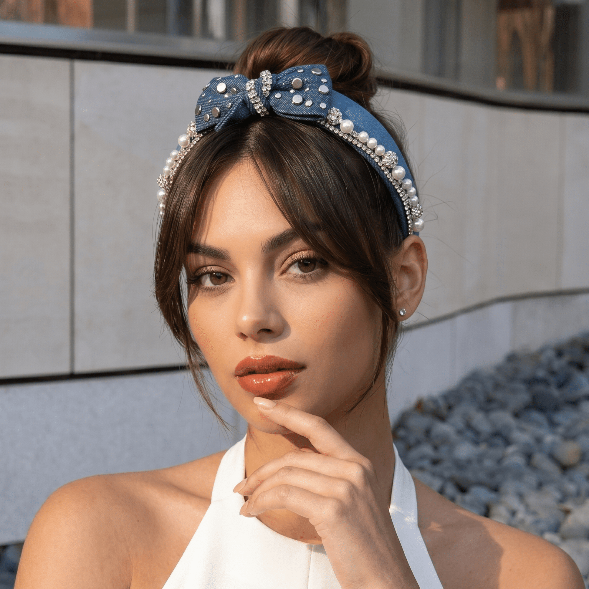 Emily Luxe Headband - Denim Pearl,Headbands, Sassy Jones,