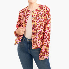 Designer fashion statement blazer Vibrant city-inspired patterned blazer Fashion statement urban life blazer Maroon background chic blazer Patterned blazer with pink and yellow accents Urban life inspired designer blazer City architecture inspired blazer Chic and sleek Giselle blazer