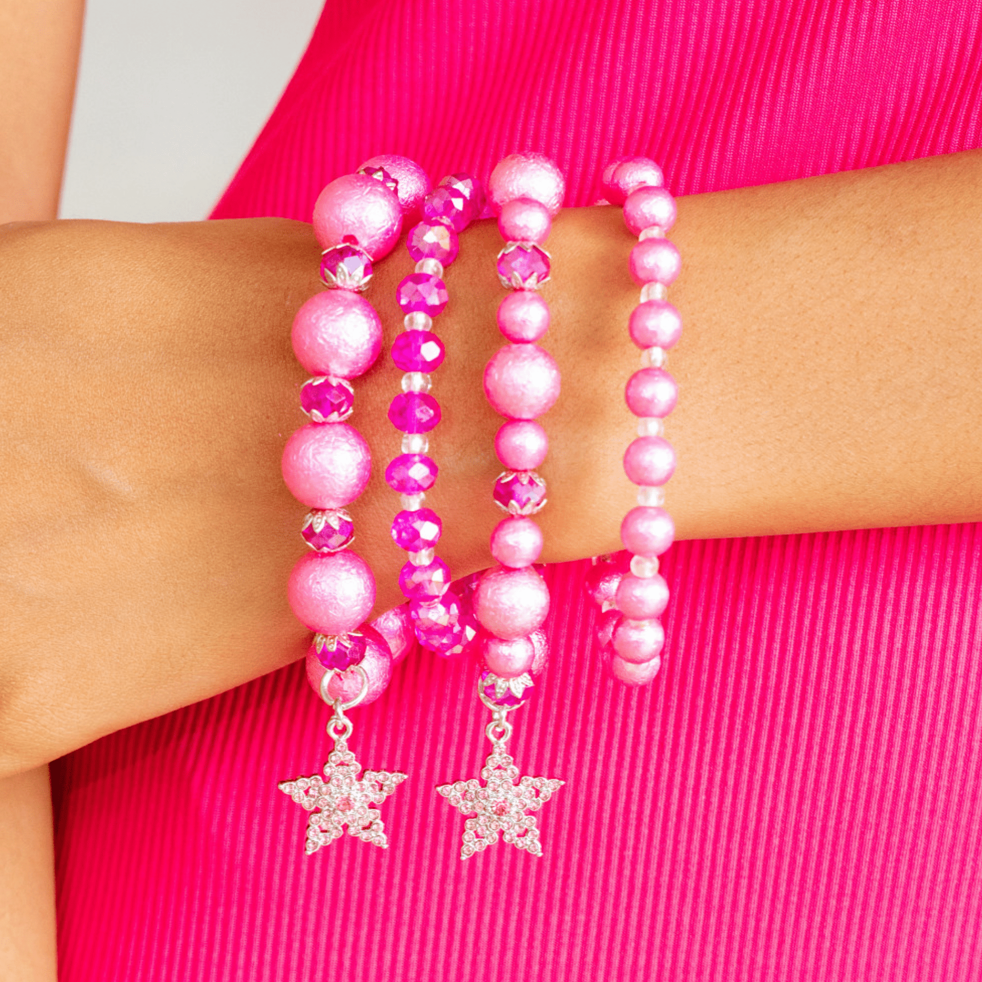 Gizelle 4pc Bracelet Stretch Stack - Hot Pink/Silver,Bracelets, Sassy Jones,
