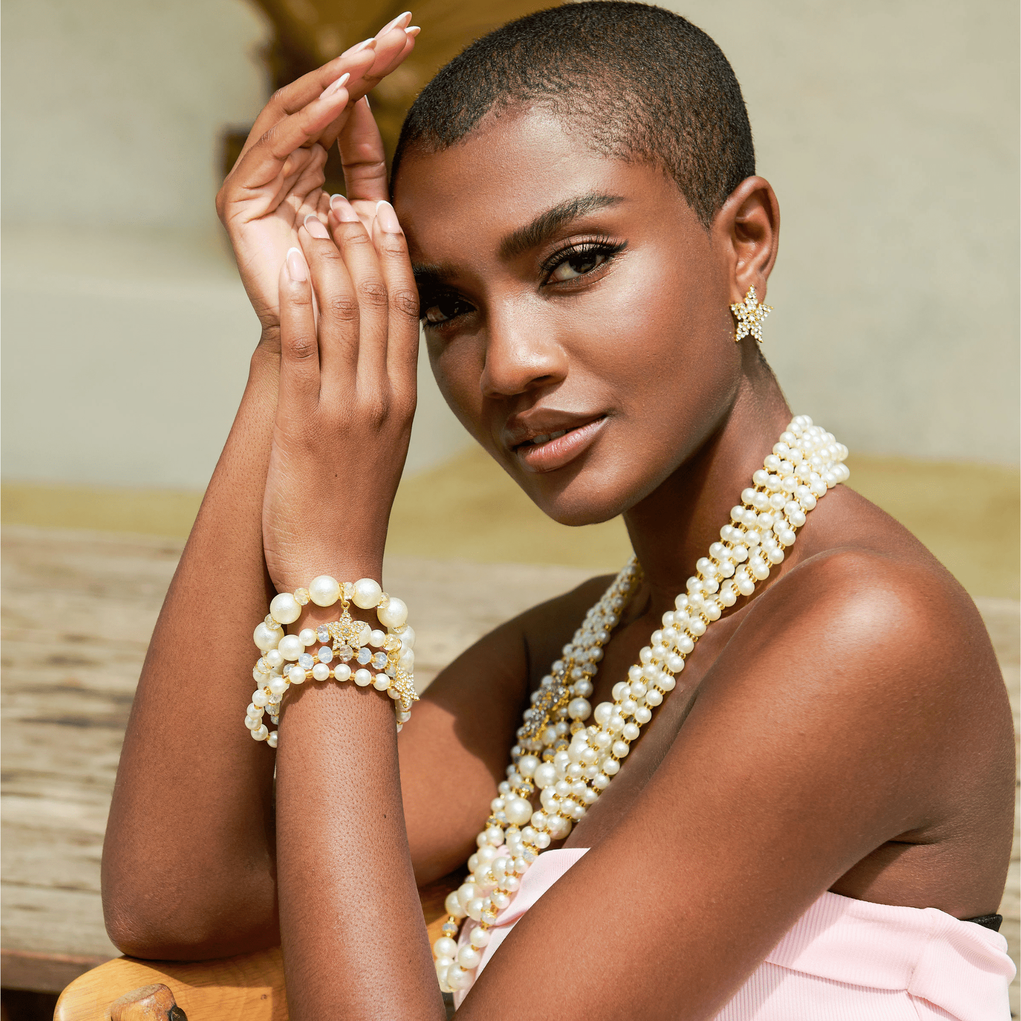 Gizelle 4pc Bracelet Stretch Stack - Ivory/Gold,Bracelets, Sassy Jones,