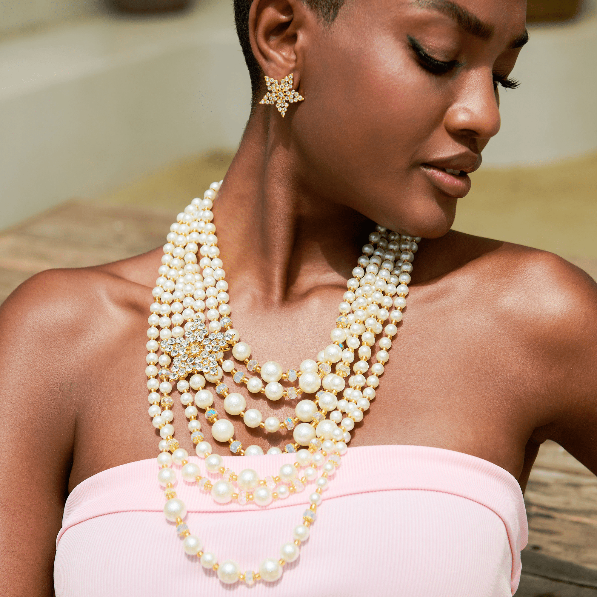 Gizelle Pearl Necklace - Ivory/Gold,Necklaces, Sassy Jones,