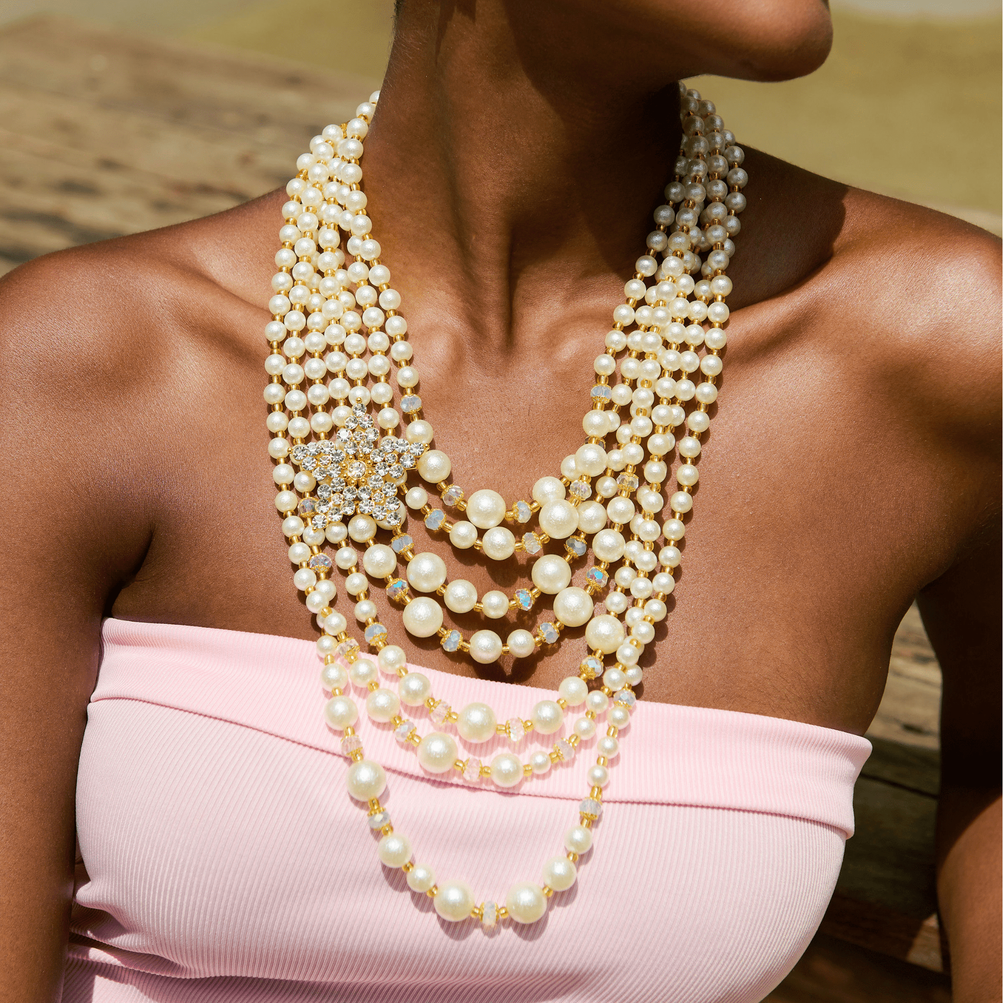 Gizelle Pearl Necklace - Ivory/Gold,Necklaces, Sassy Jones,