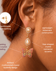 Hadassa Colorful Crystal Butterfly Pearl Dangle Earrings,Earrings, Sassy Jones,