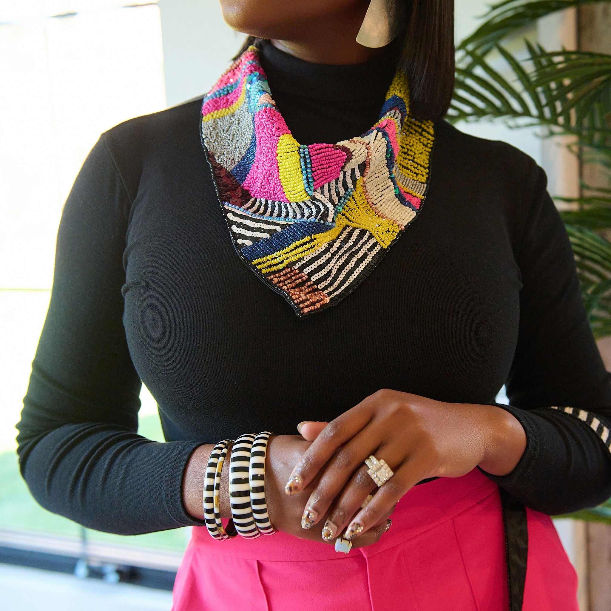 Indira Beaded Scarf Necklace - Pink/Sequin Multi,Necklaces, Sassy Jones,