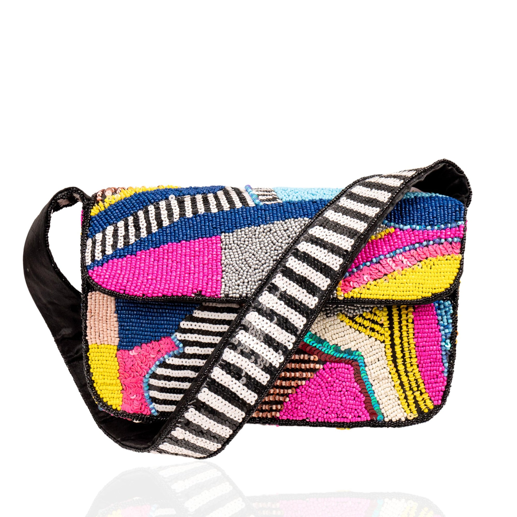 Indira Beaded Statement Flap Bag - Pink/Sequin Multi,Handbags, Sassy Jones,