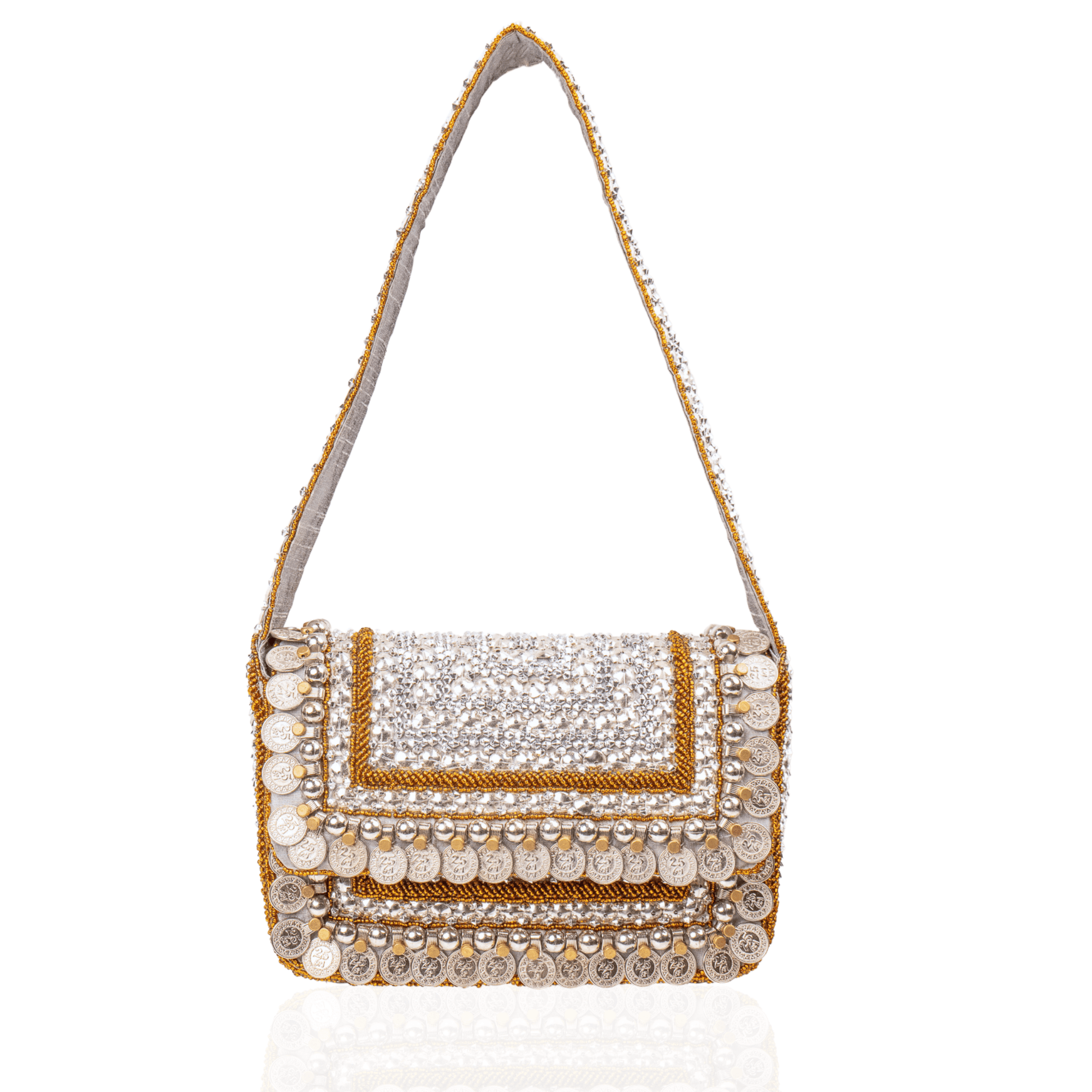 Indira Beaded Statement Flap Bag - Silver Coin,Handbags, Sassy Jones,